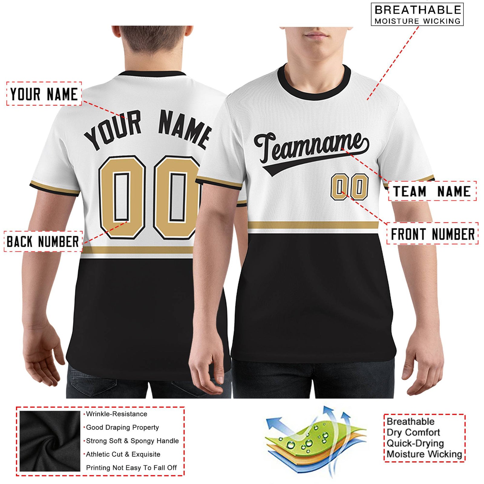 Custom White Black-Old Gold Color Block Design Performance T-Shirt
