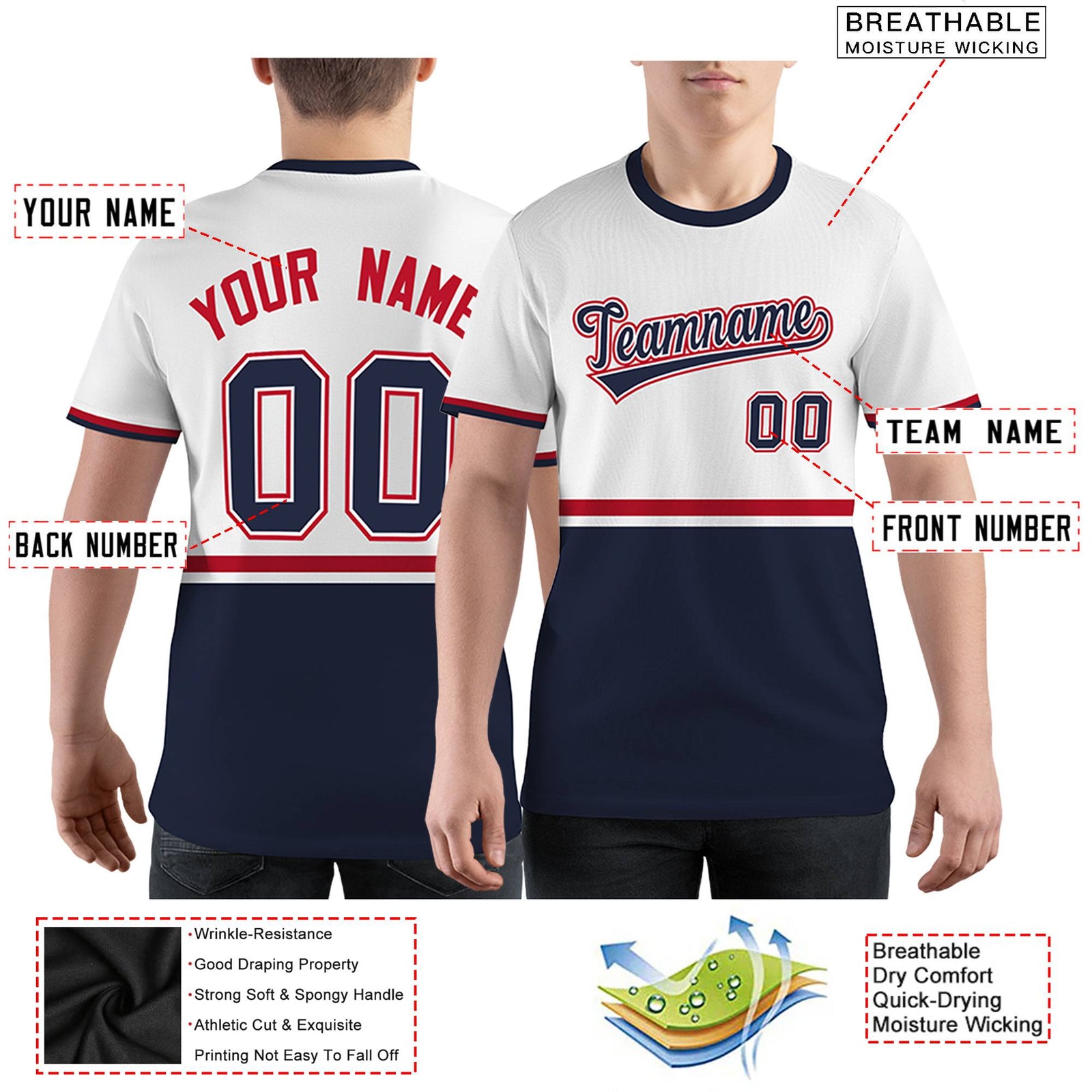 Custom White Navy-Red Color Block Design Performance T-Shirt