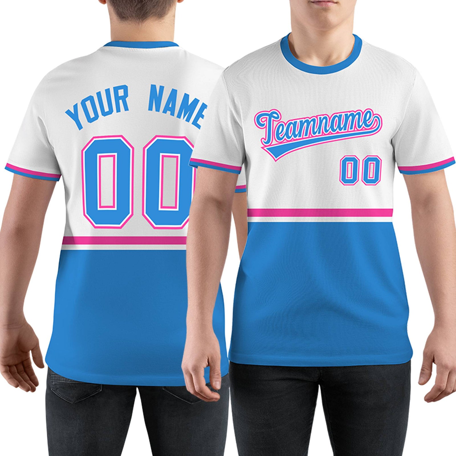 Custom White Powder Blue-Pink Color Block Design Performance T-Shirt