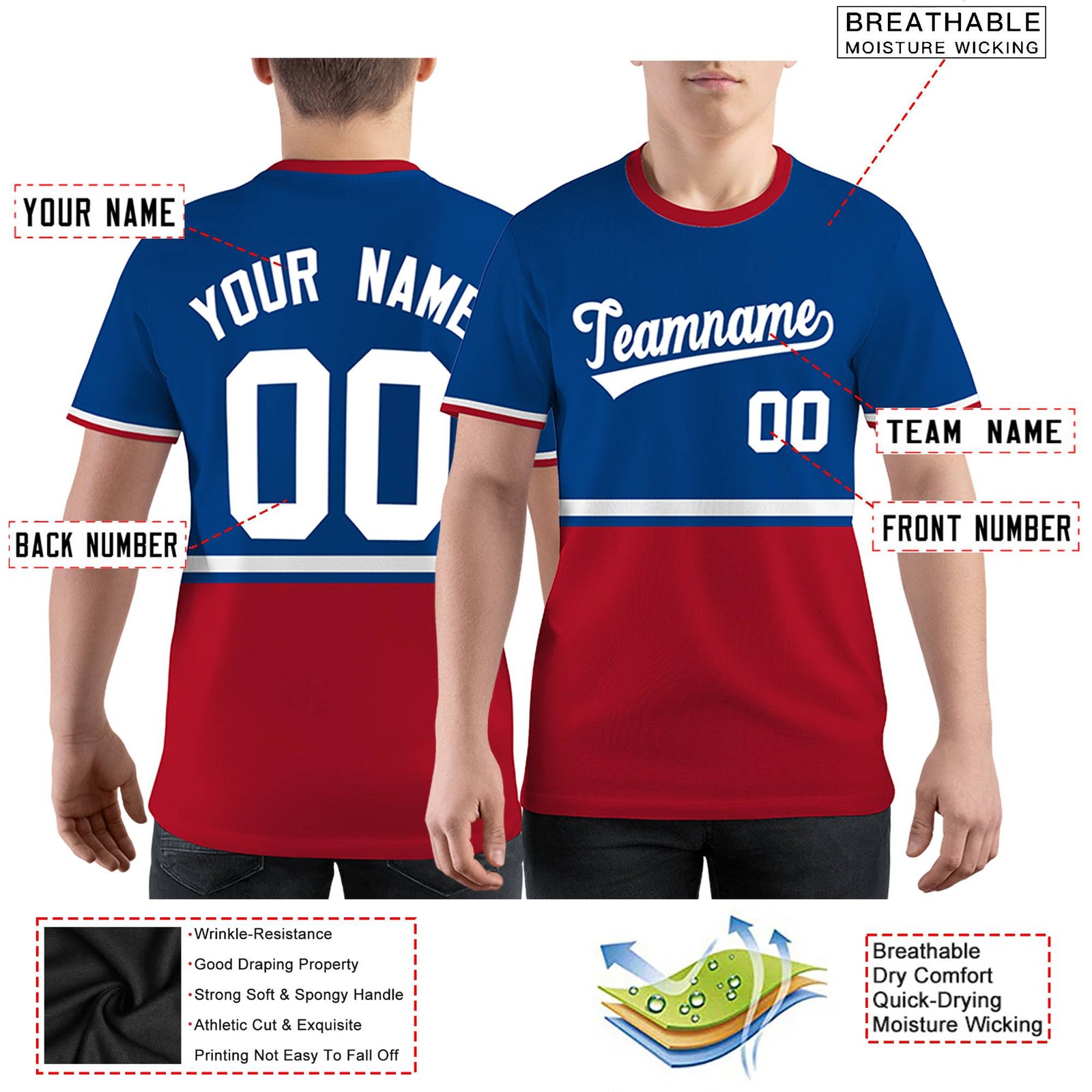 Custom Royal Blue Red-White Color Block Design Performance T-Shirt