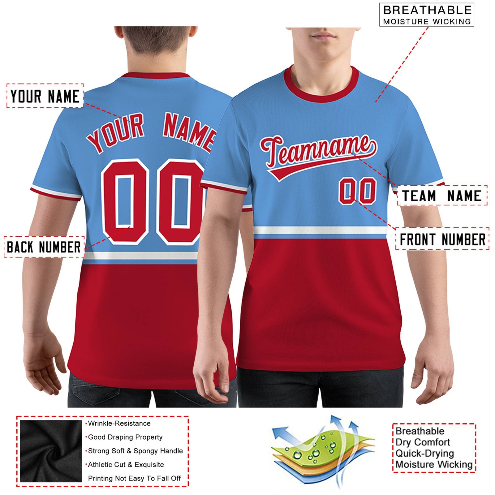 Custom Light Blue Red-White Color Block Design Performance T-Shirt