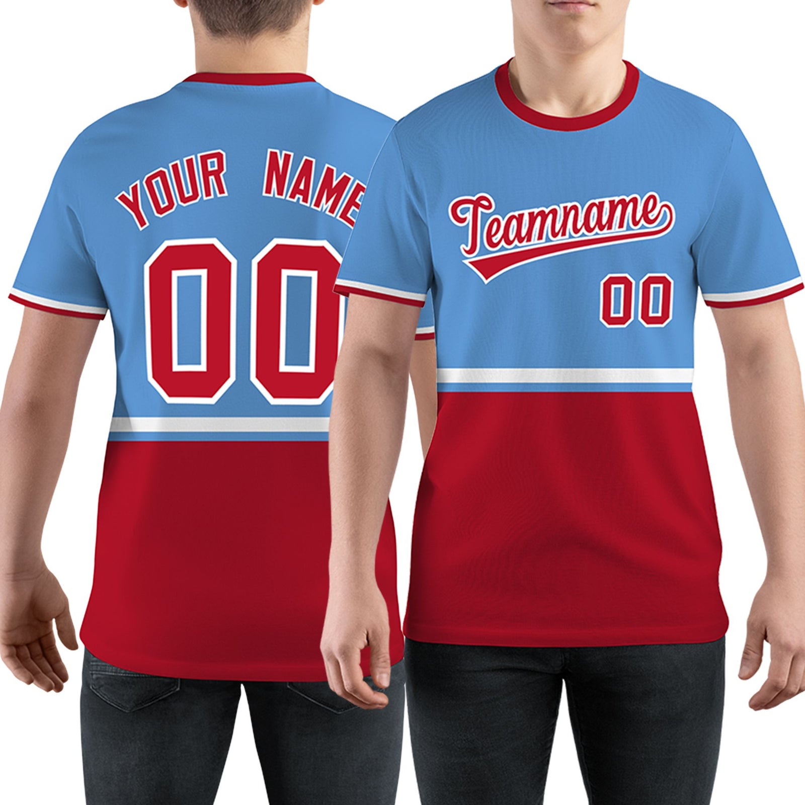 Custom Light Blue Red-White Color Block Design Performance T-Shirt