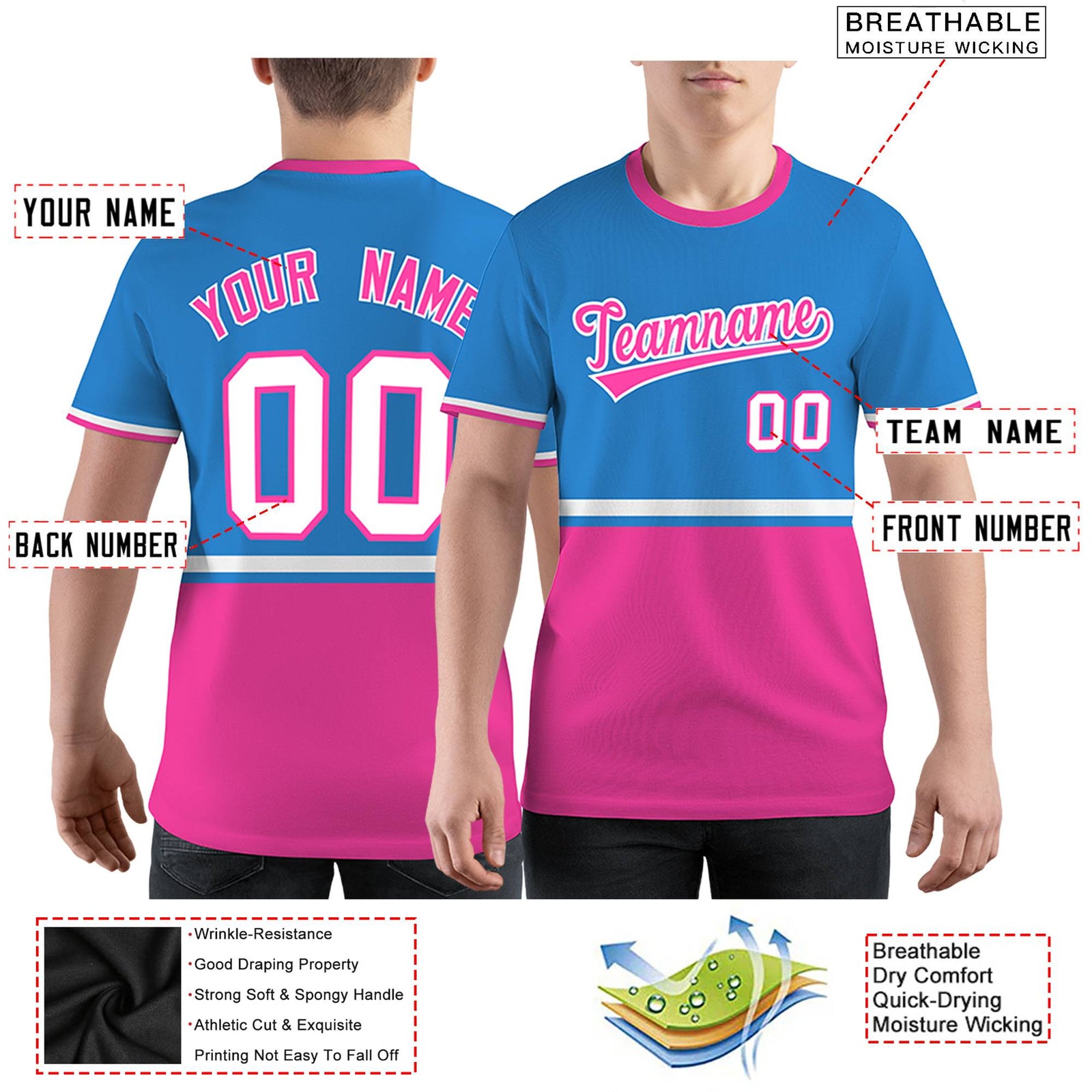 Custom Powder Blue Pink-White Color Block Design Performance T-Shirt