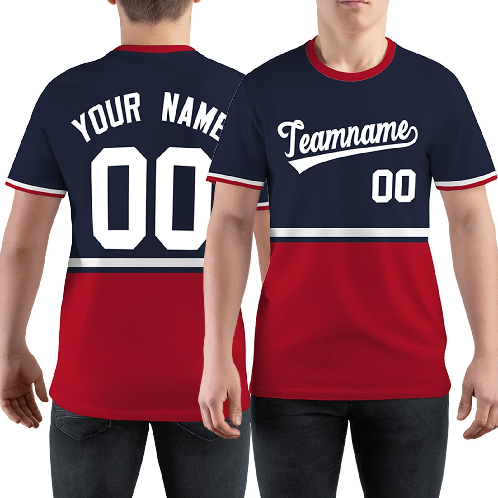 Custom Navy Red-White Color Block Design Performance T-Shirt