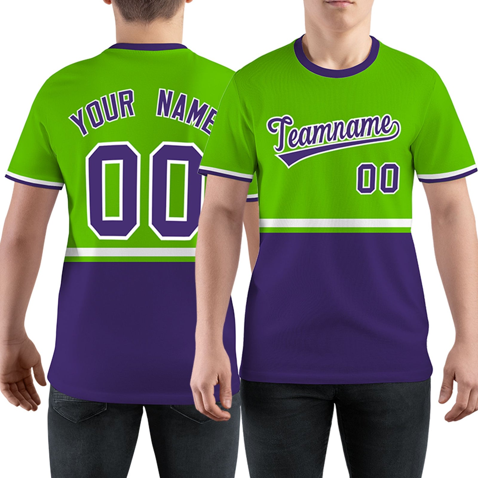 Custom Neon Green Purple-White Color Block Design Performance T-Shirt