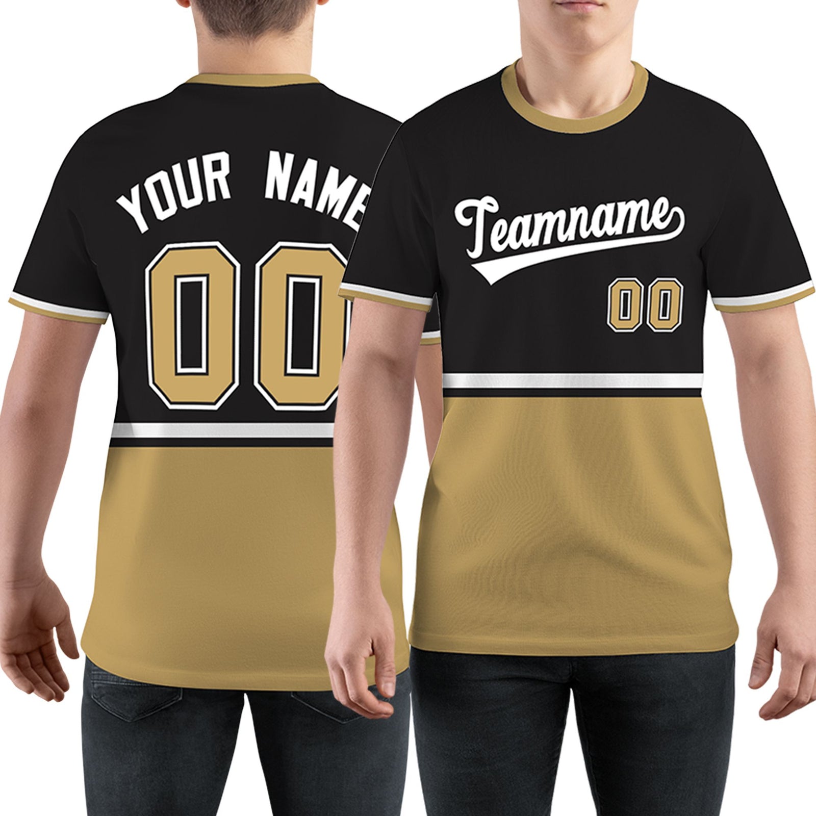 Custom Black Old Gold-White Color Block Design Performance T-Shirt