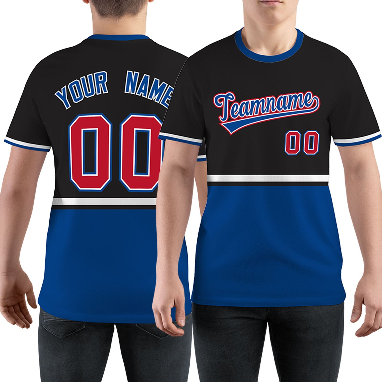 Custom Black Royal Blue-White Color Block Design Performance T-Shirt