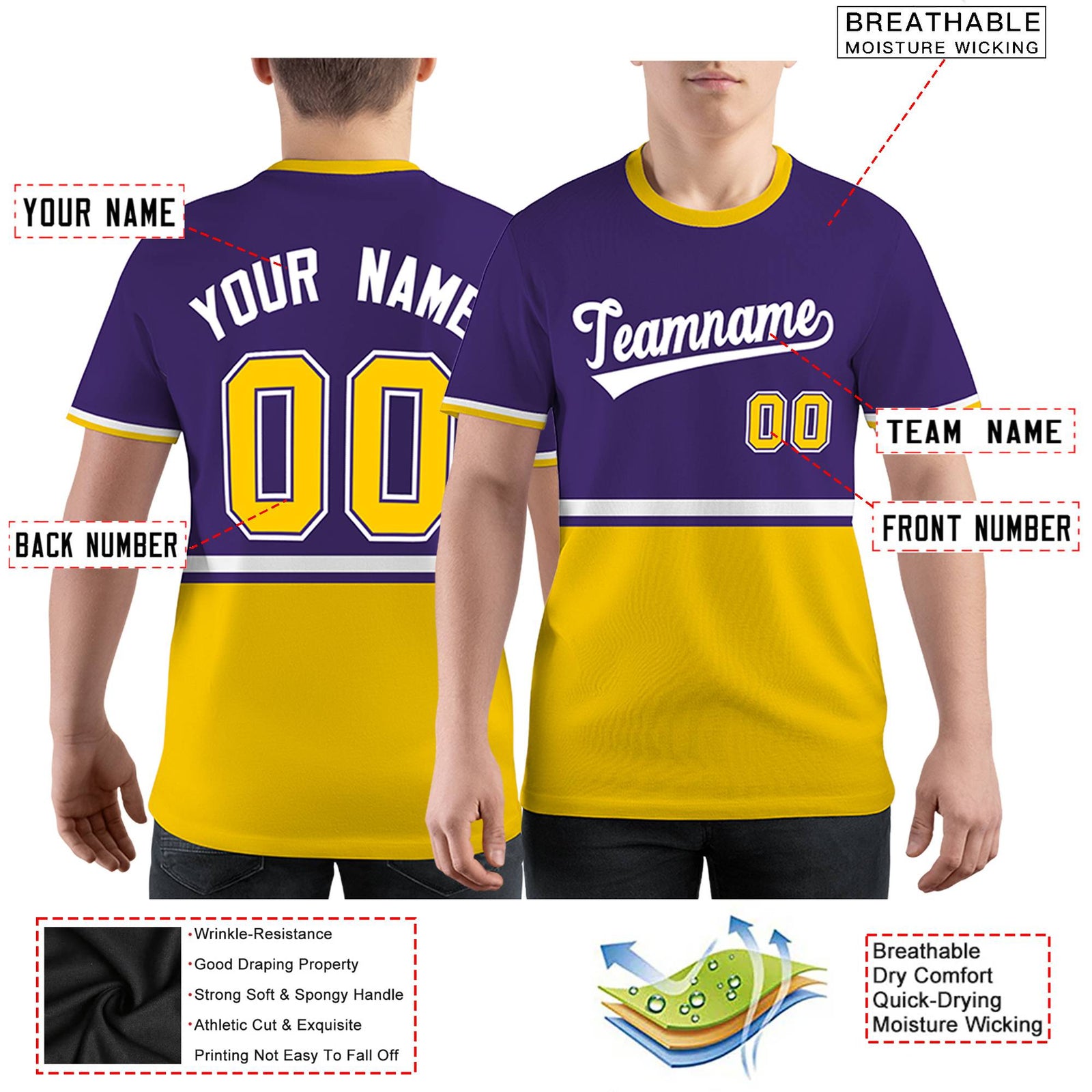 Custom Purple Gold01-White Color Block Design Performance T-Shirt