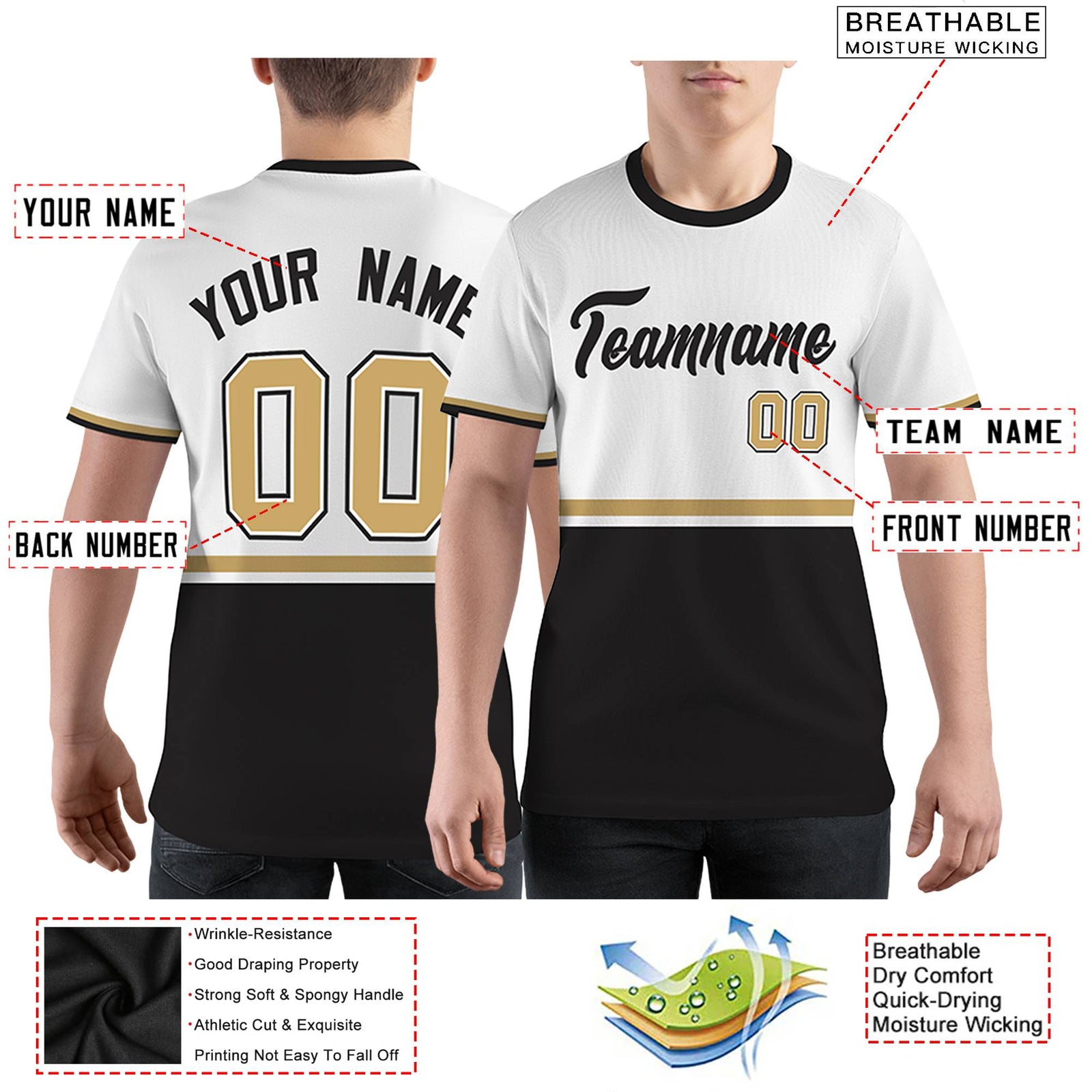 Custom White Black-Old Gold Color Block Design Performance T-Shirt