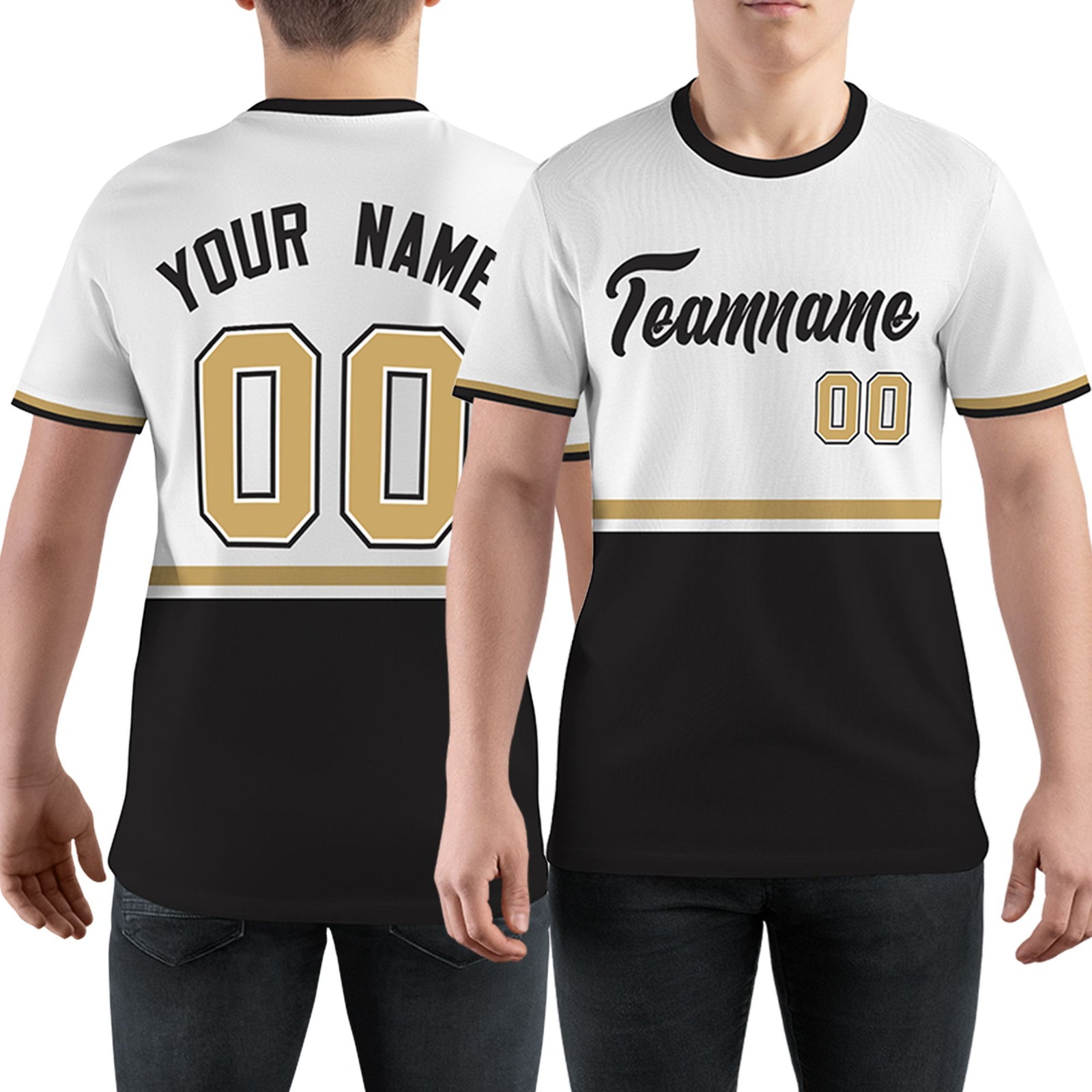 Custom White Black-Old Gold Color Block Design Performance T-Shirt
