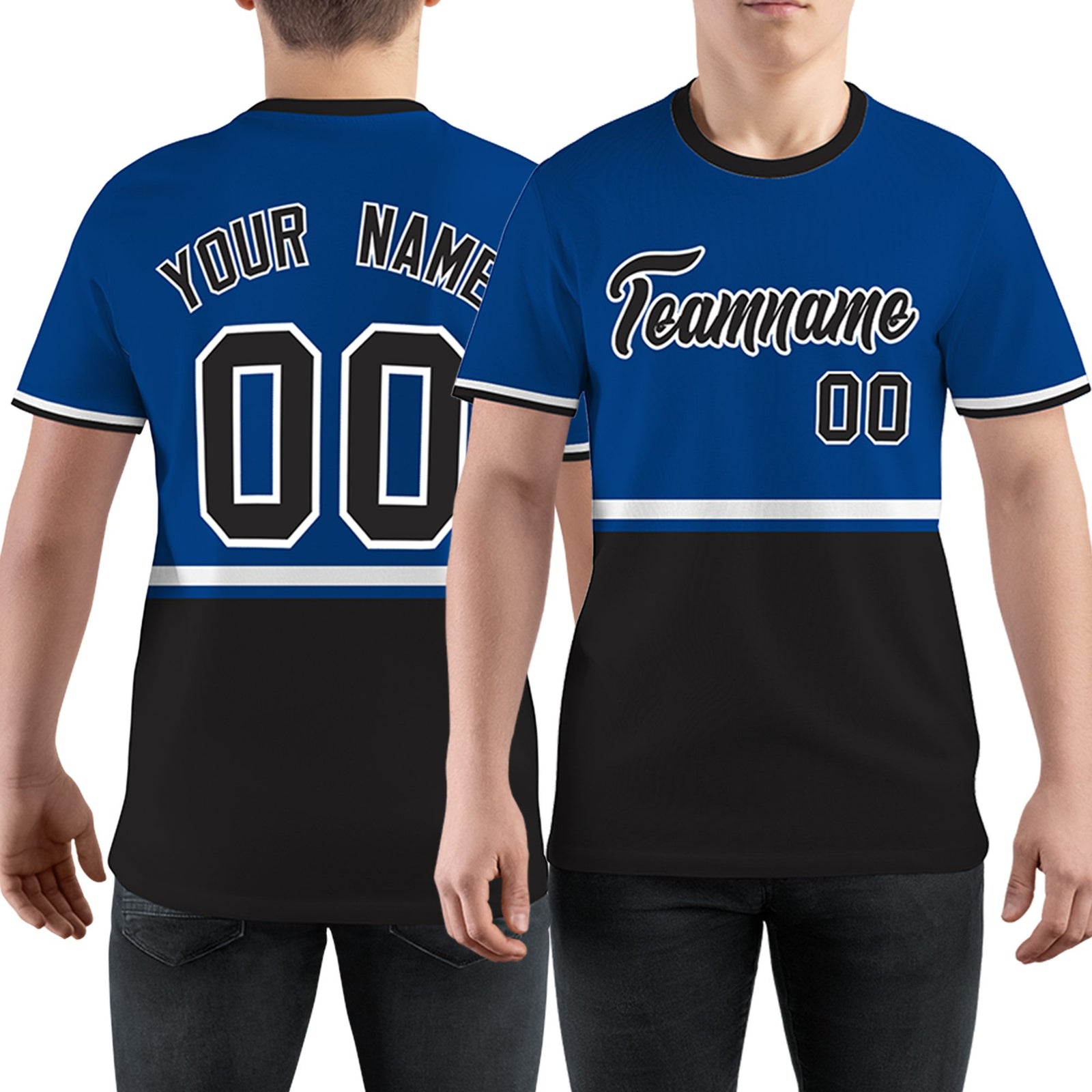 Custom Royal Blue Black-White Color Block Design Performance T-Shirt