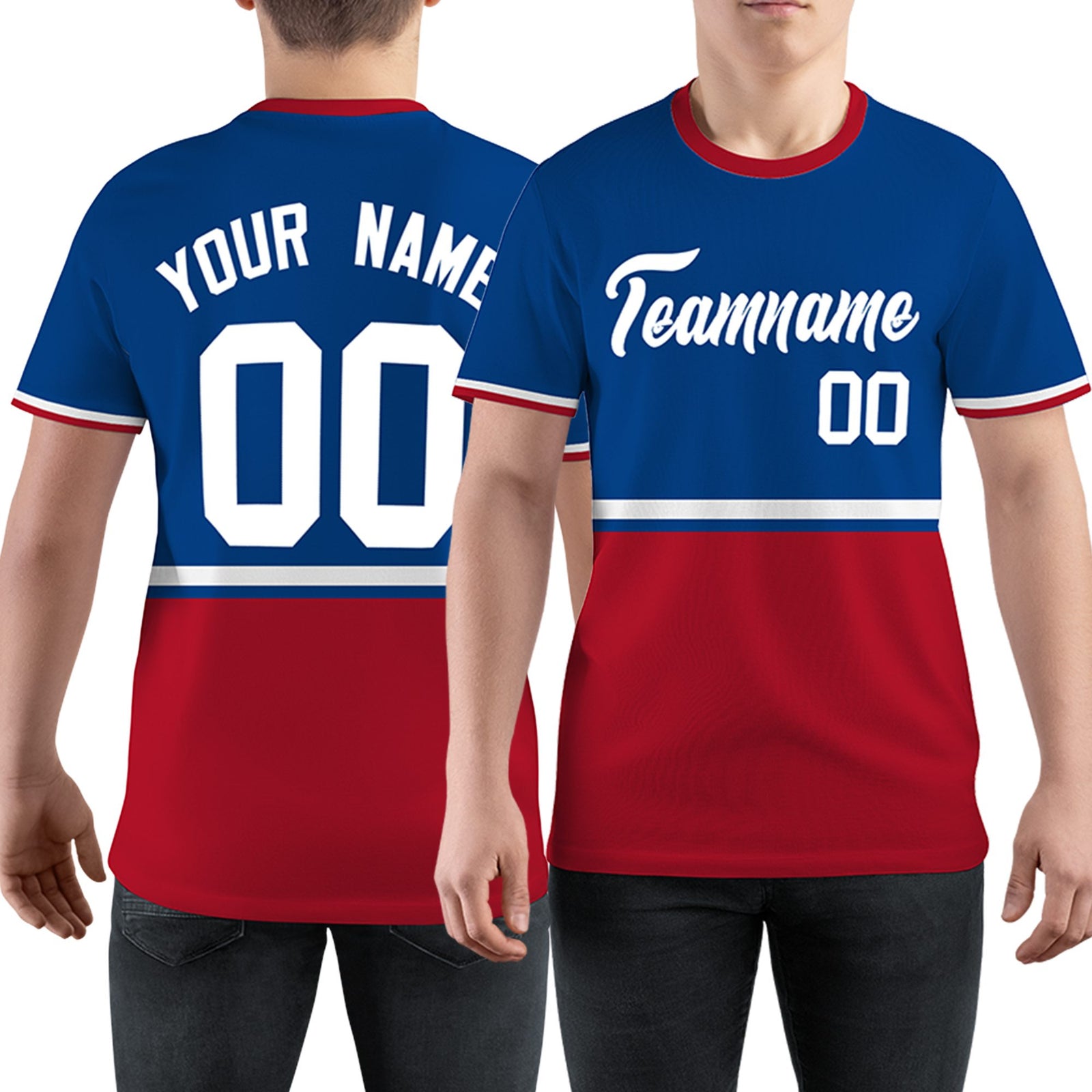 Custom Royal Blue Red-White Color Block Design Performance T-Shirt