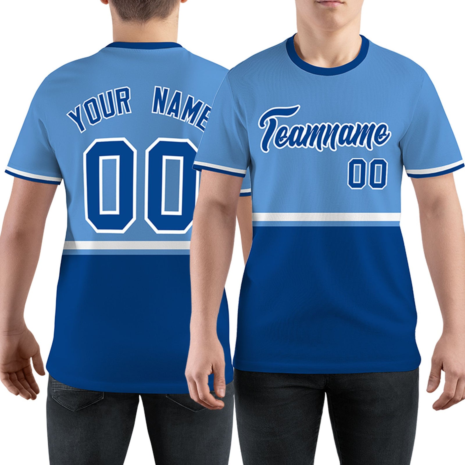 Custom Light Blue Royal Blue-White Color Block Design Performance T-Shirt