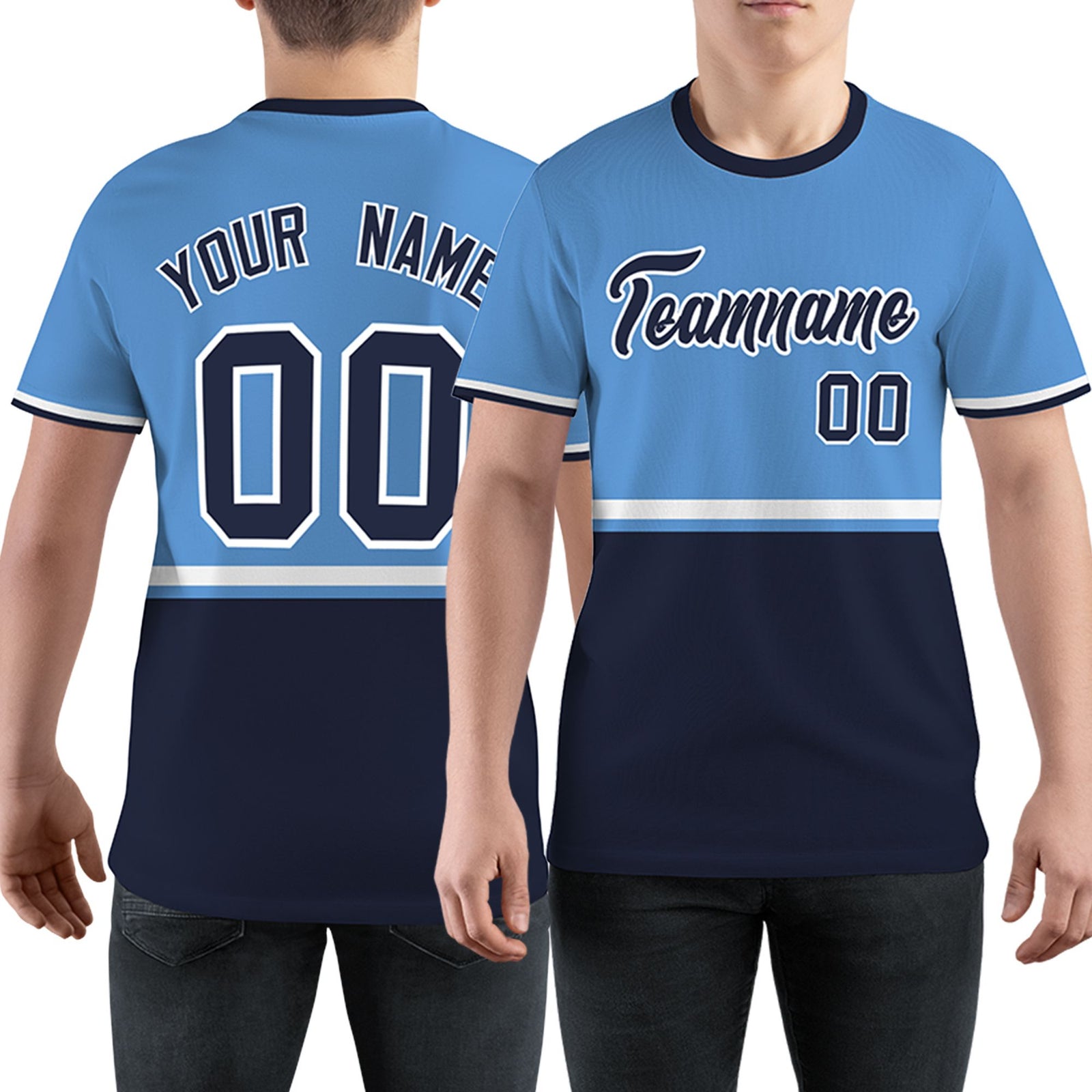 Custom Light Blue Navy-White Color Block Design Performance T-Shirt