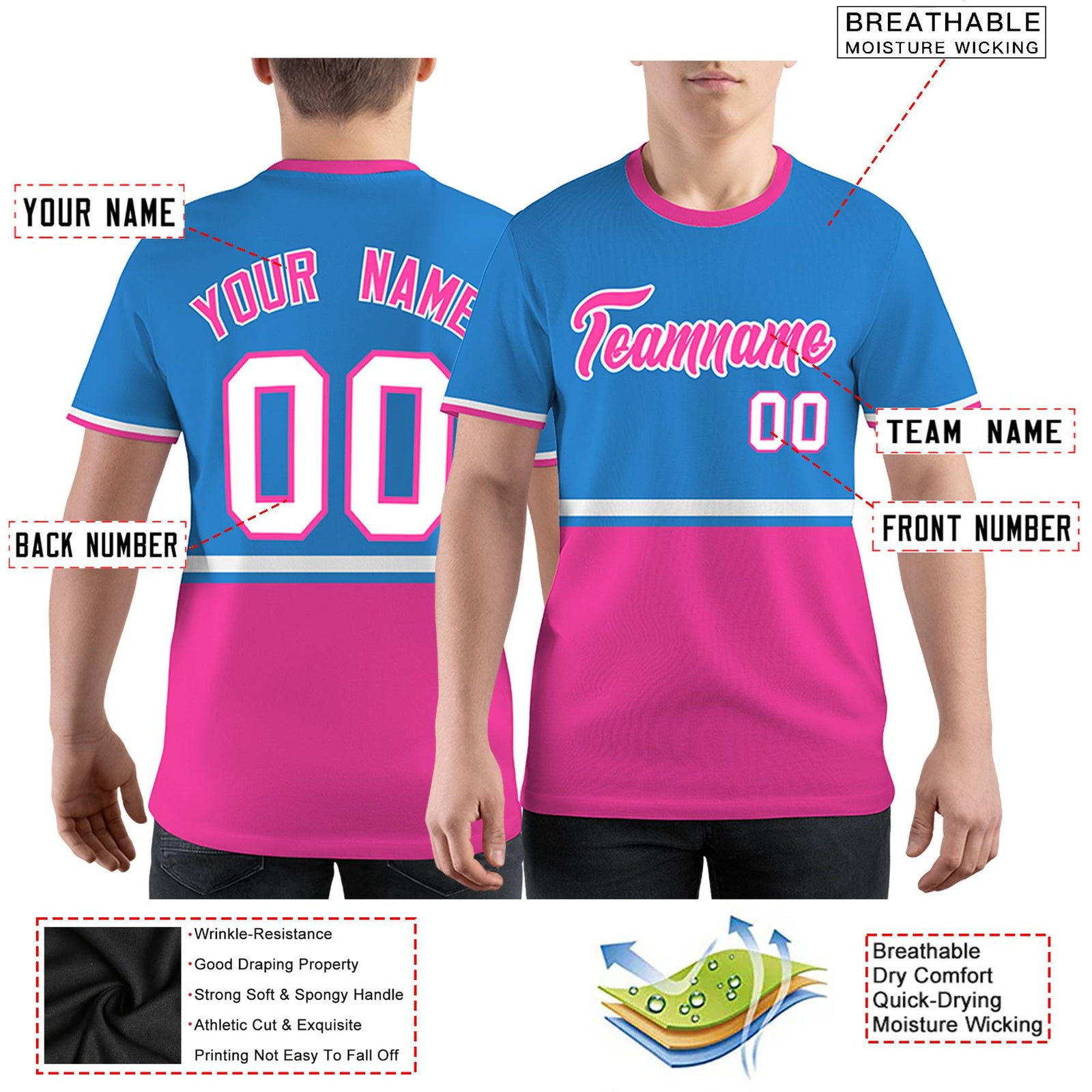 Custom Powder Blue Pink-White Color Block Design Performance T-Shirt
