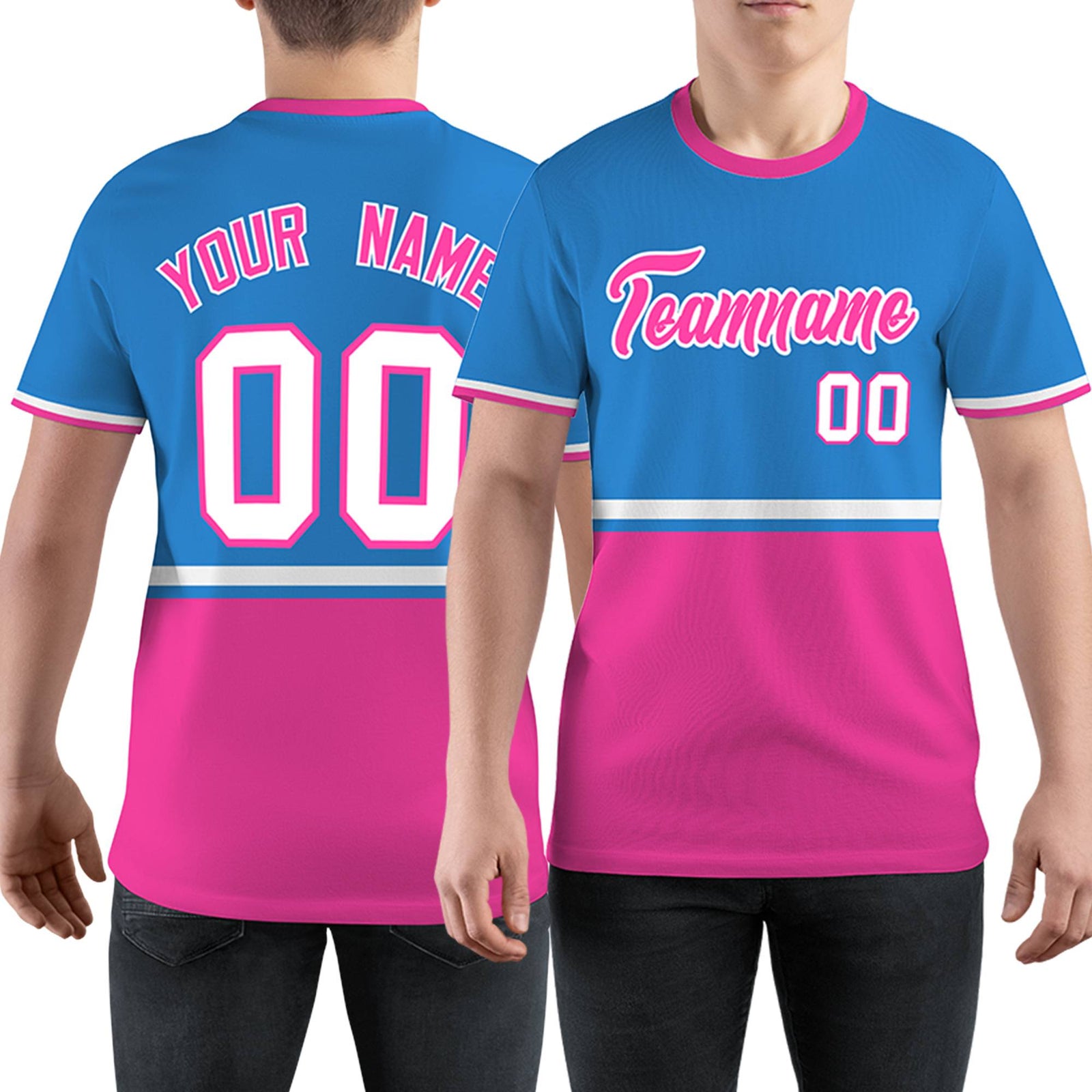 Custom Powder Blue Pink-White Color Block Design Performance T-Shirt