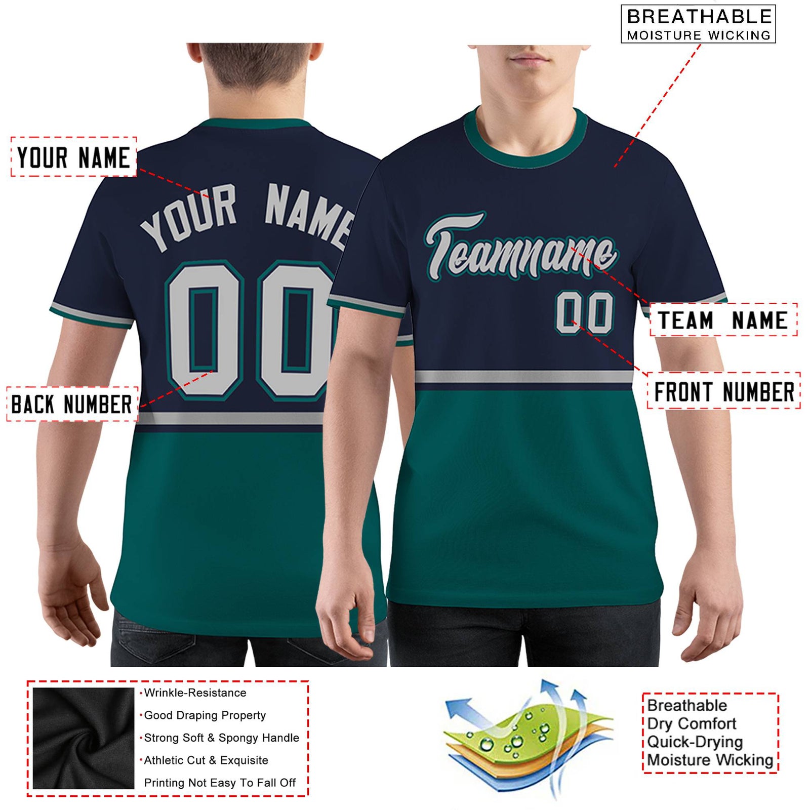 Custom Navy Midnight Green-Gray Color Block Design Performance T-Shirt