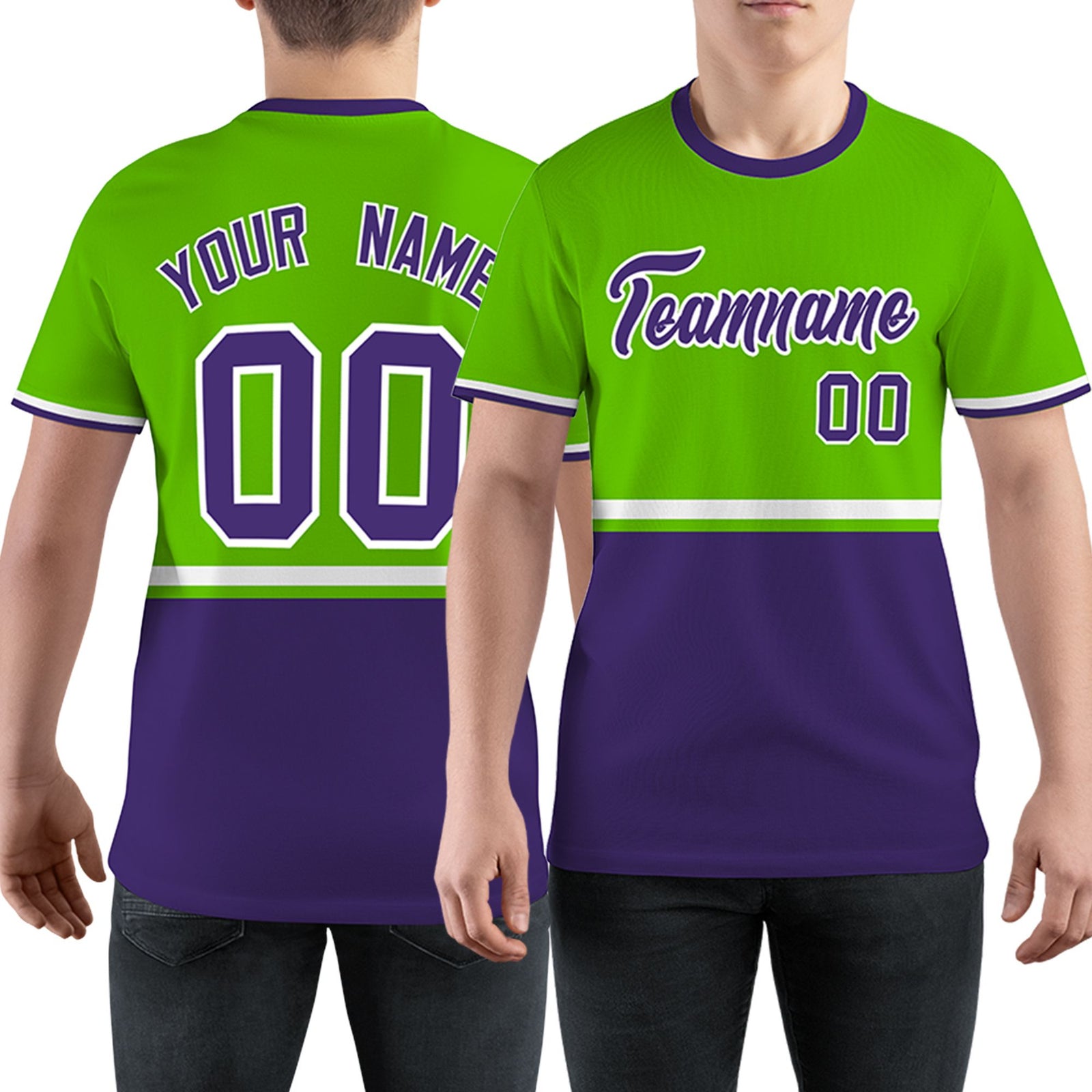 Custom Neon Green Purple-White Color Block Design Performance T-Shirt