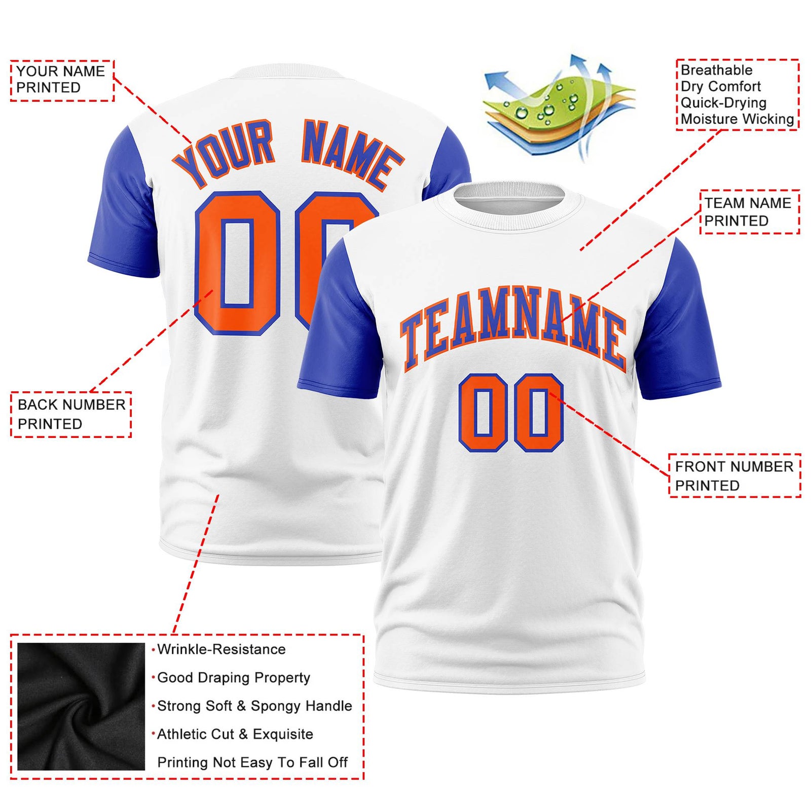 Custom White Royal Blue Orange Crew Neck Personalized Raglan Sleeve Performance T-shirt