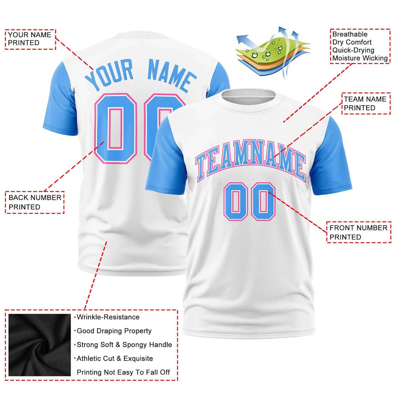 Custom White Powder Blue Pink Crew Neck Personalized Raglan Sleeve Performance T-shirt