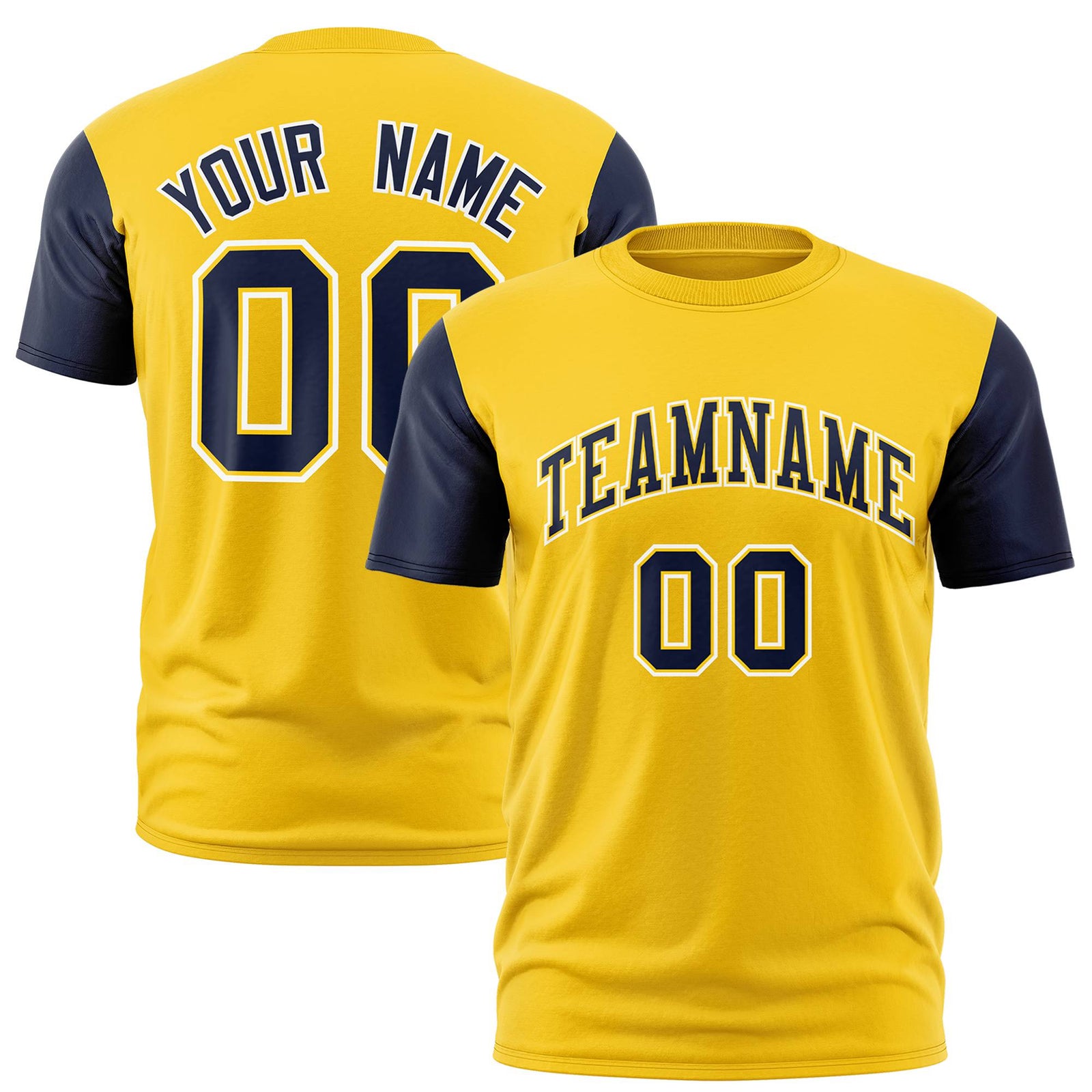 Custom Yellow Navy White Crew Neck Personalized Raglan Sleeve Performance T-shirt