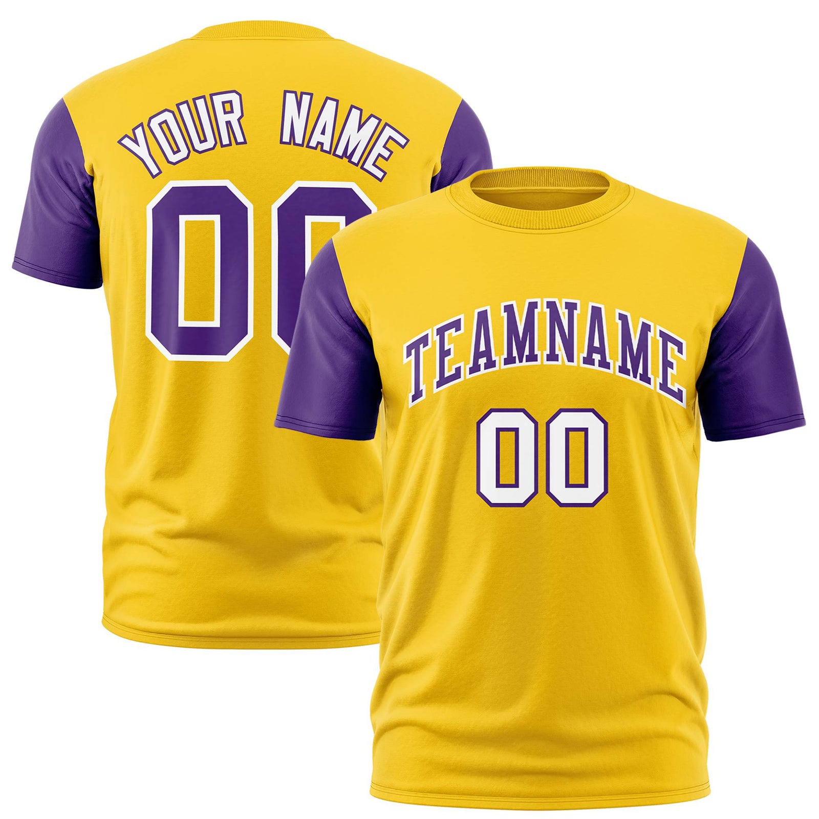 Custom Yellow Purple White Crew Neck Personalized Raglan Sleeve Performance T-shirt