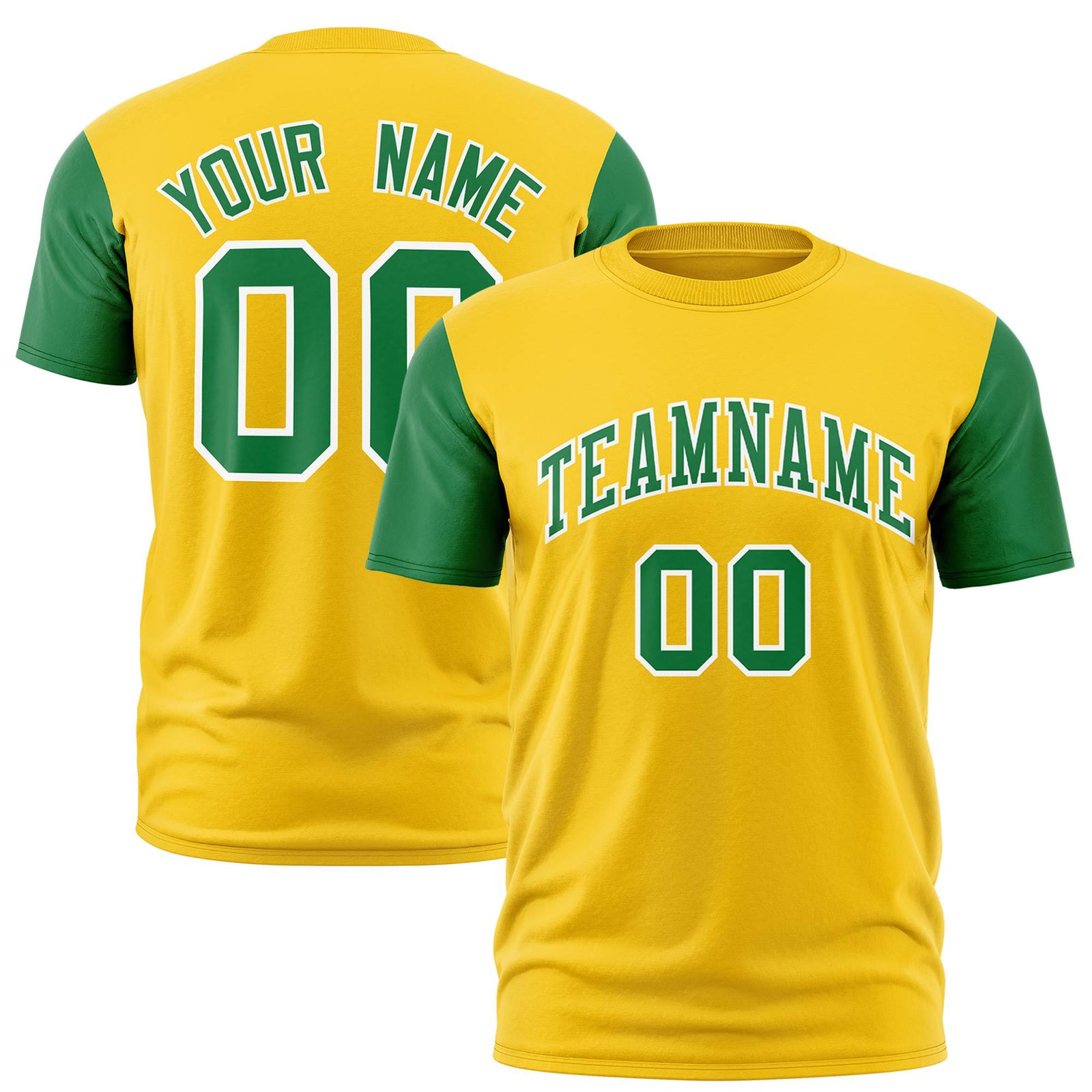 Custom Yellow Kelly Green White Crew Neck Personalized Raglan Sleeve Performance T-shirt