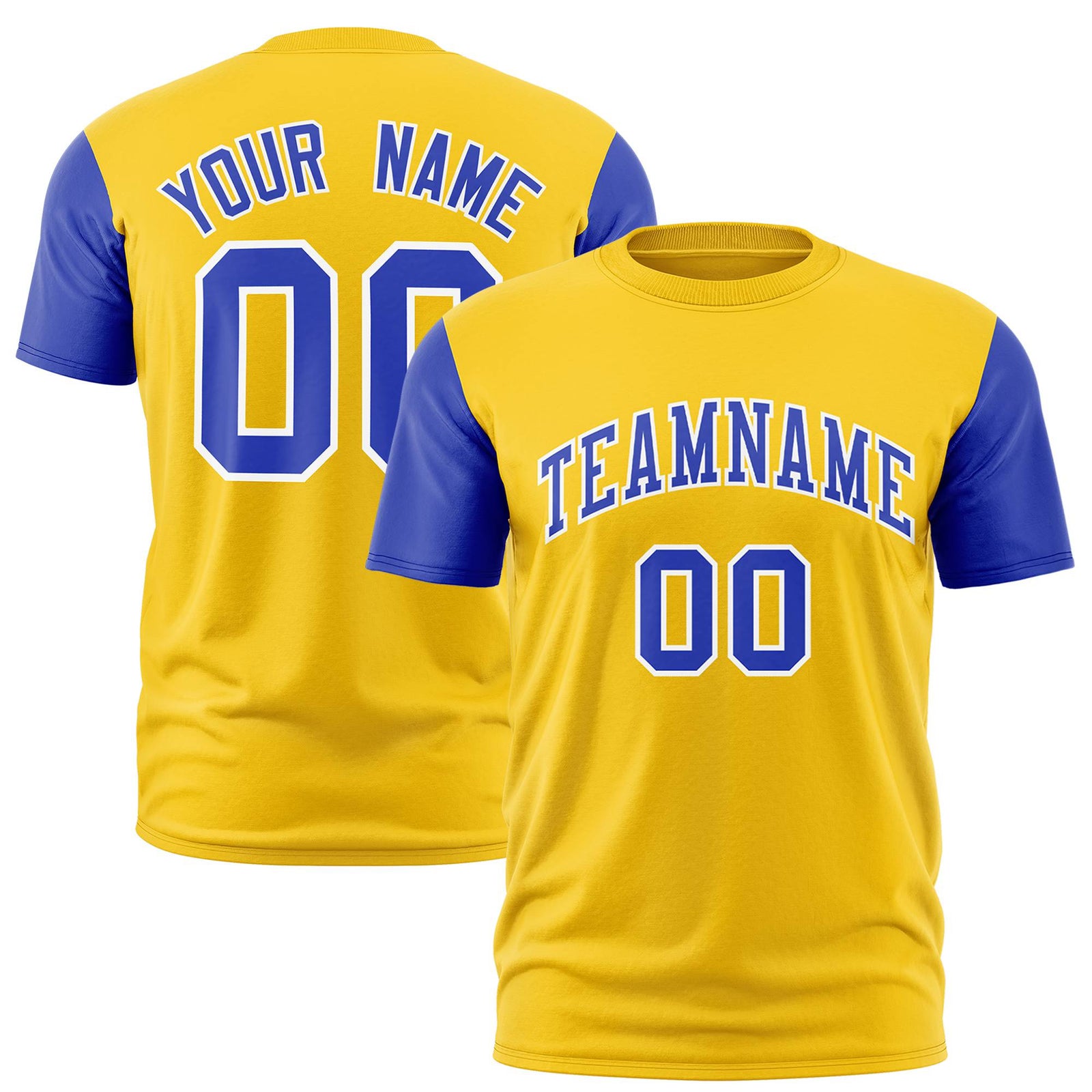 Custom Yellow Royal Blue White Crew Neck Personalized Raglan Sleeve Performance T-shirt