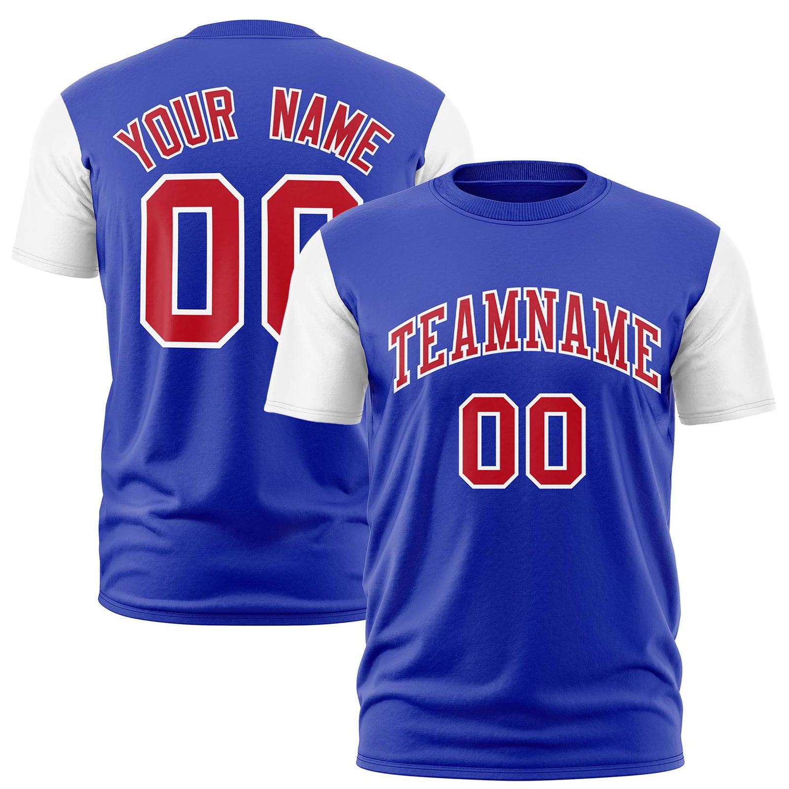 Custom Royal Blue White Red Crew Neck Personalized Raglan Sleeve Performance T-shirt
