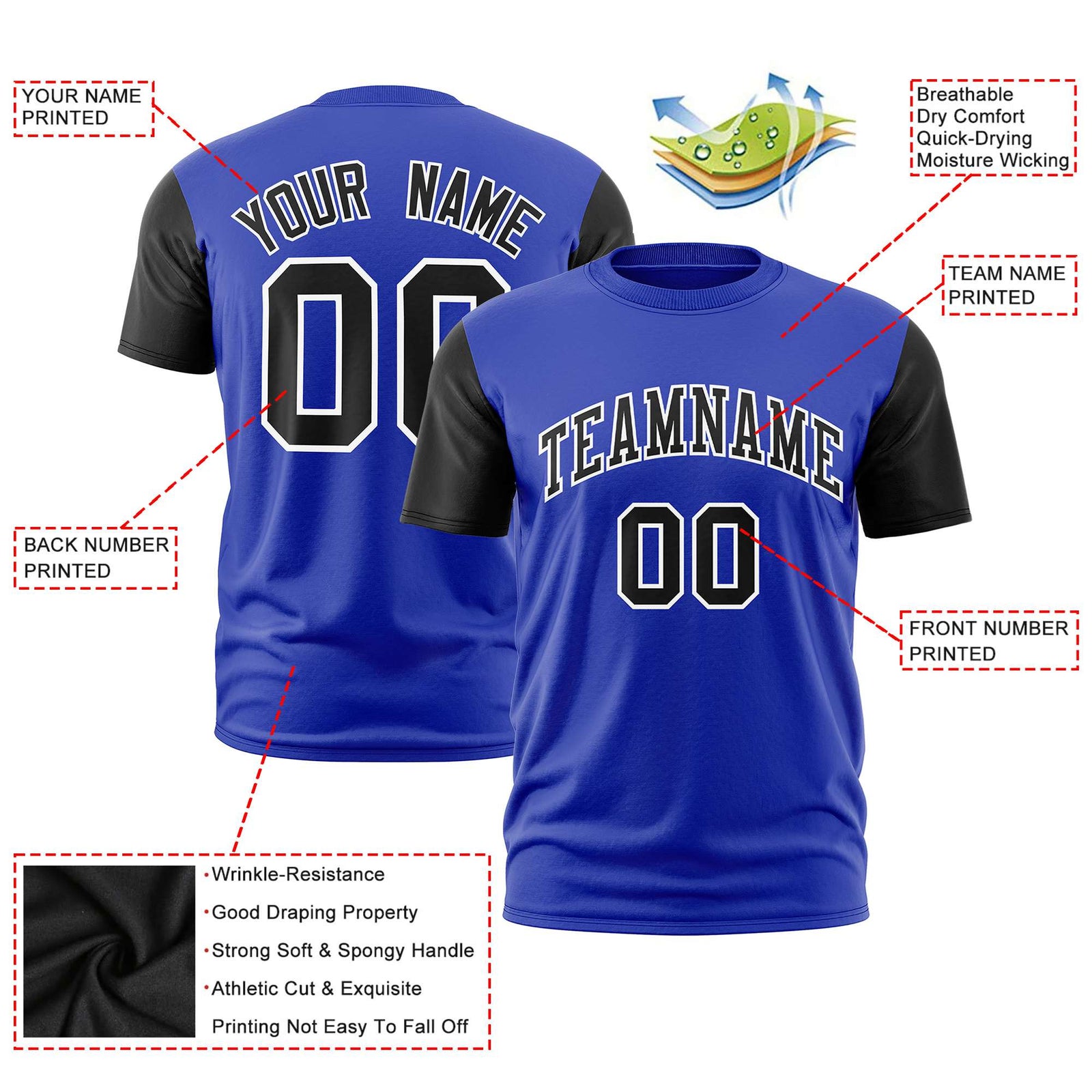 Custom Royal Blue Black White Crew Neck Personalized Raglan Sleeve Performance T-shirt
