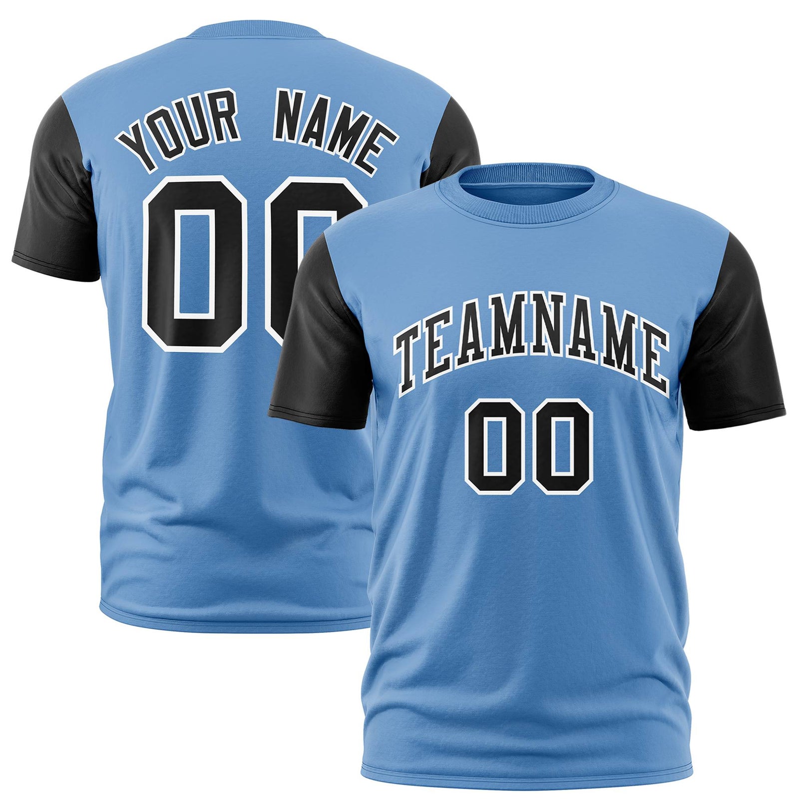 Custom Light Blue Black White Crew Neck Personalized Raglan Sleeve Performance T-shirt