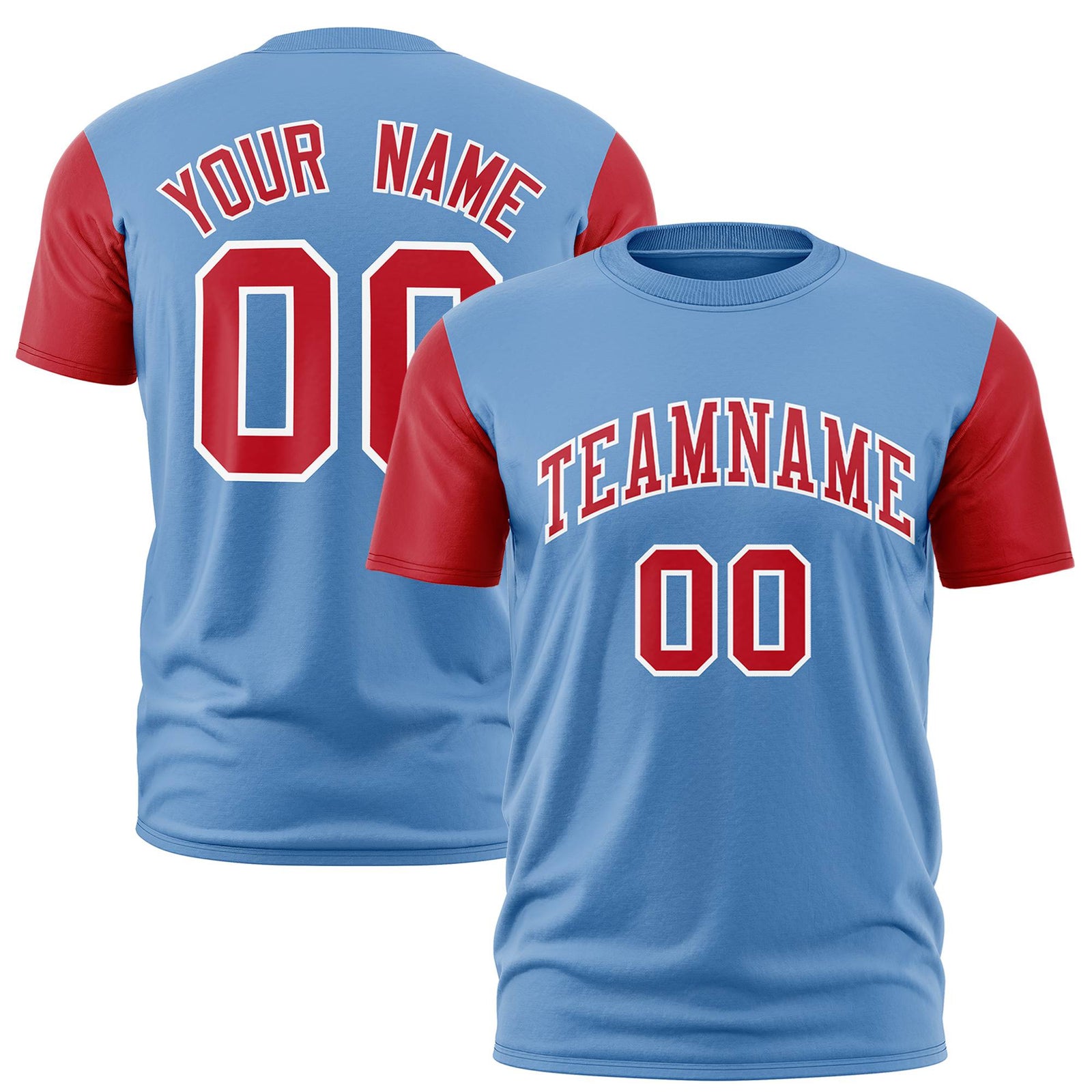 Custom Light Blue Red White Crew Neck Personalized Raglan Sleeve Performance T-shirt