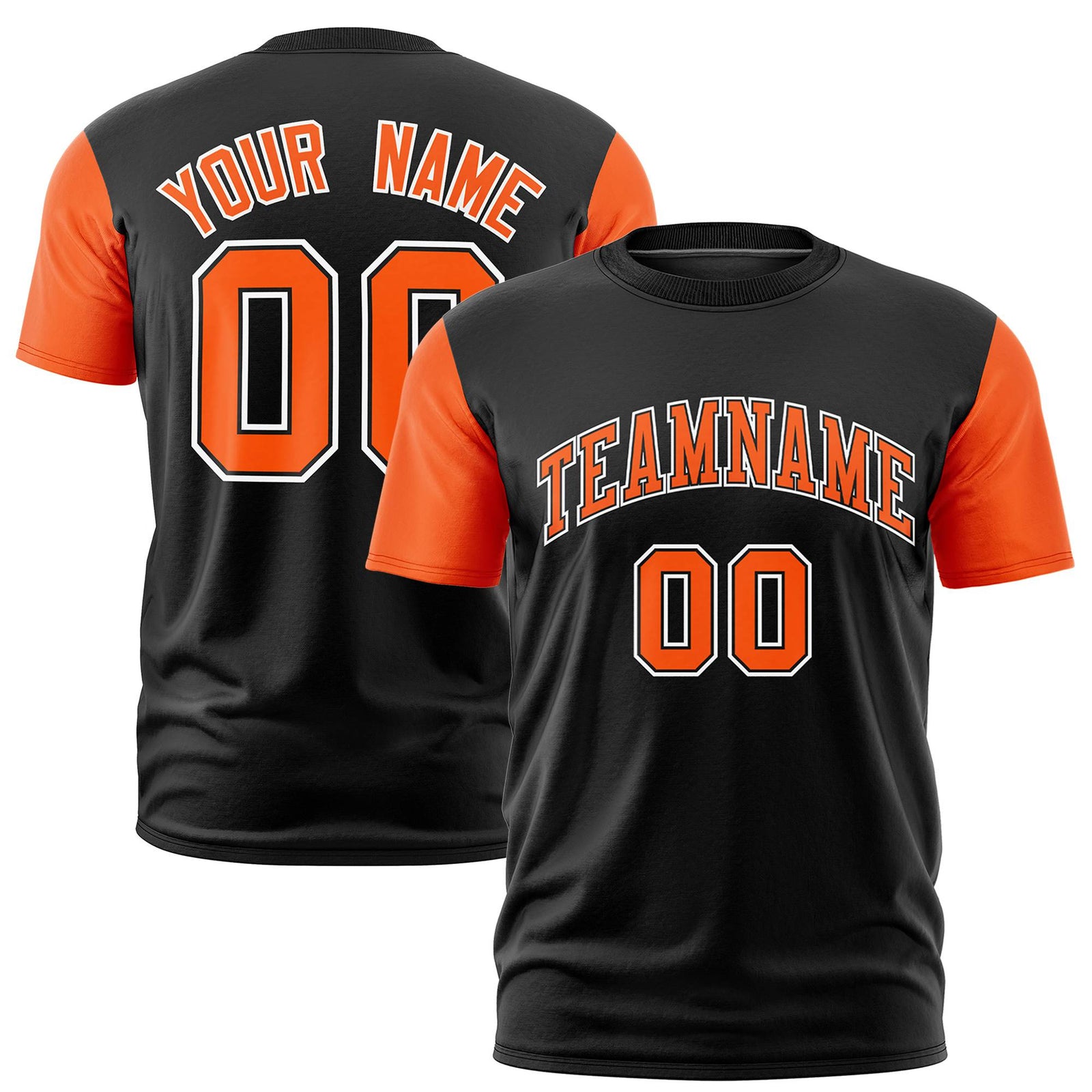 Custom Black Orange White Crew Neck Personalized Raglan Sleeve Performance T-shirt