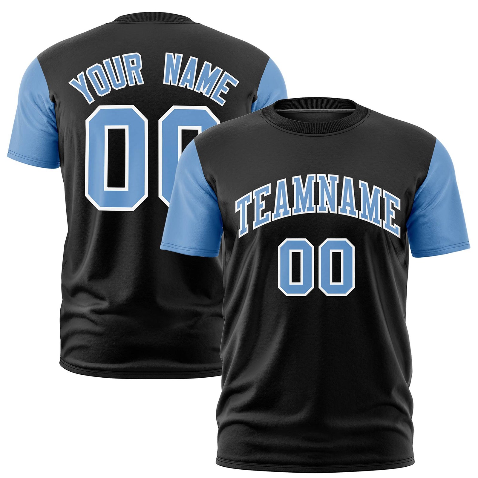 Custom Black Light Blue White Crew Neck Personalized Raglan Sleeve Performance T-shirt