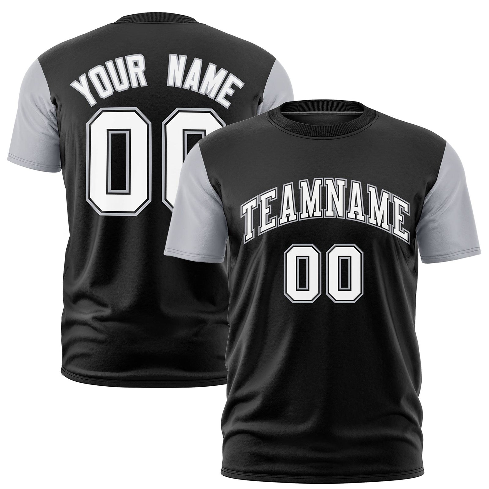 Custom Black Gray White Crew Neck Personalized Raglan Sleeve Performance T-shirt