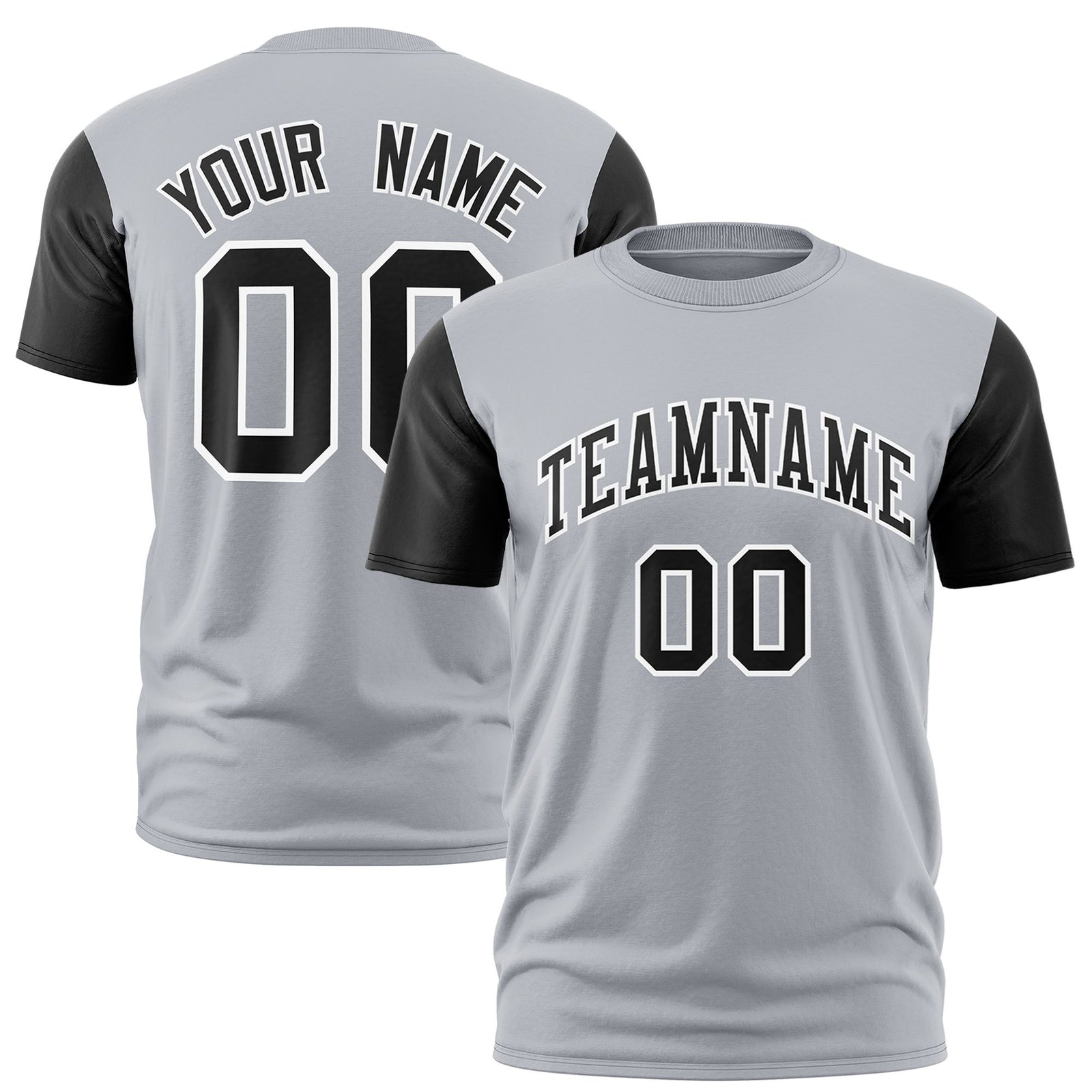 Custom Gray Black Crew Neck Personalized Raglan Sleeve Performance T-shirt
