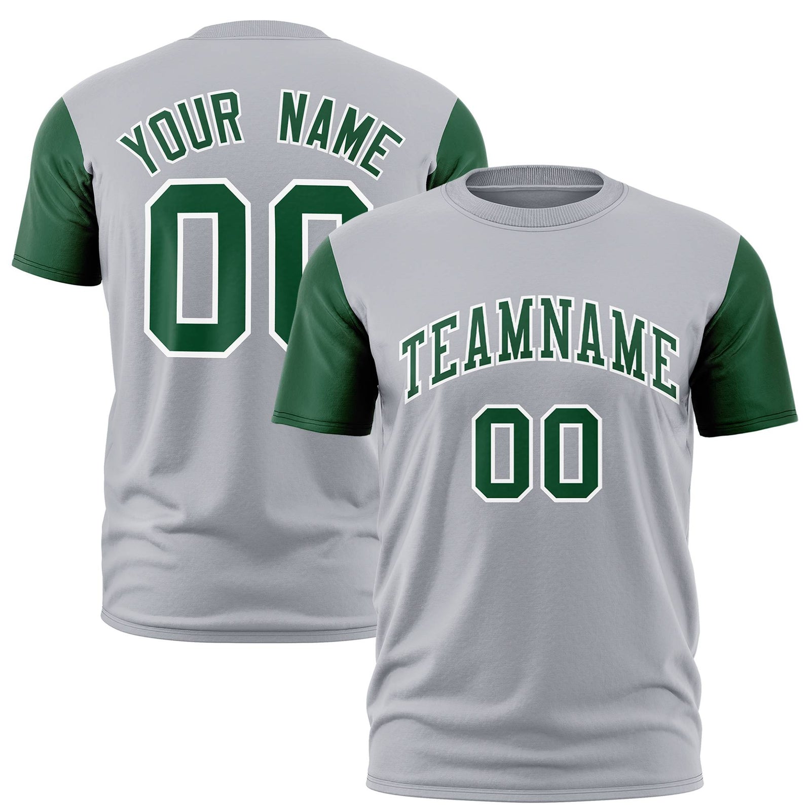 Custom Gray Kelly Green White Crew Neck Personalized Raglan Sleeve Performance T-shirt