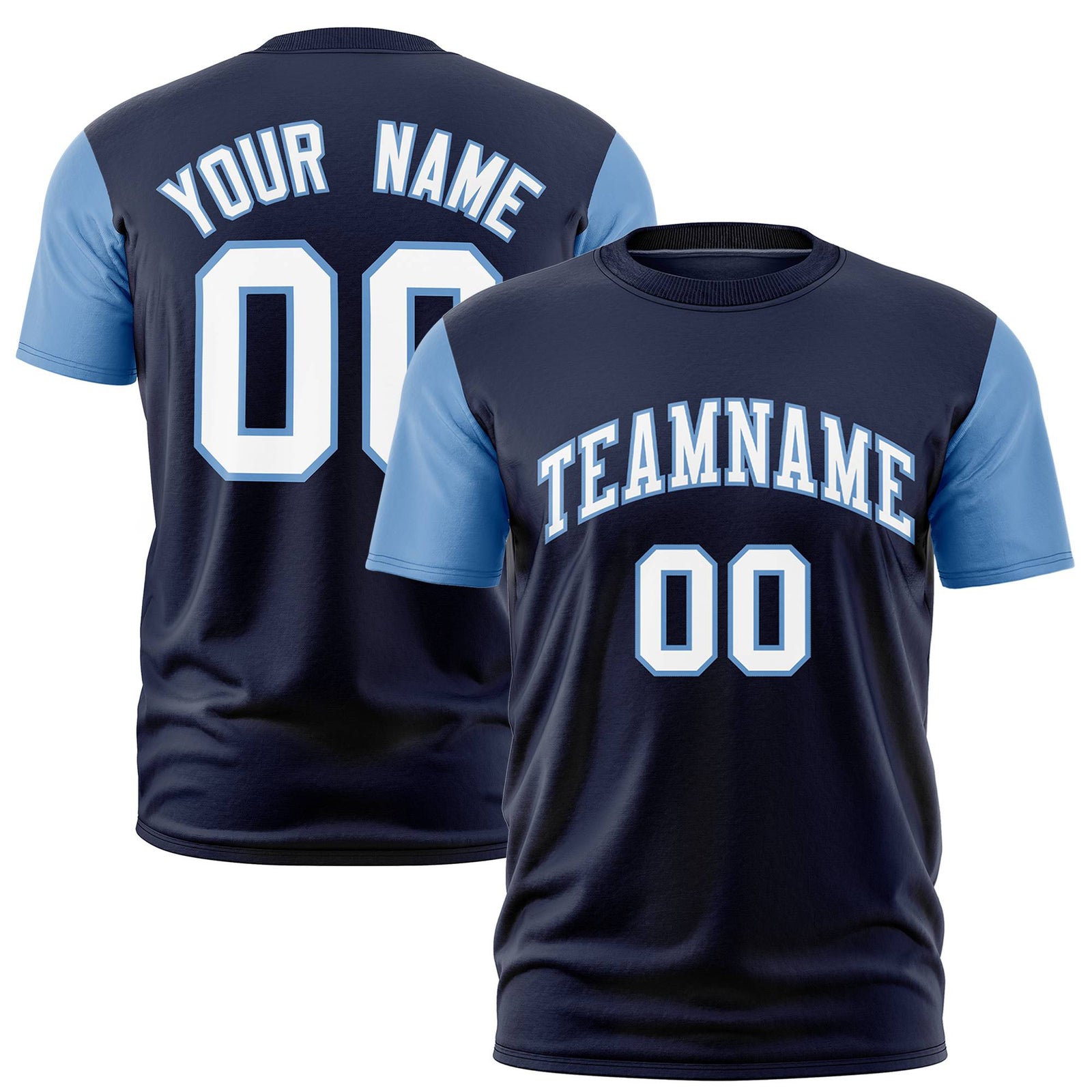 Custom Navy Light Blue White Crew Neck Personalized Raglan Sleeve Performance T-shirt