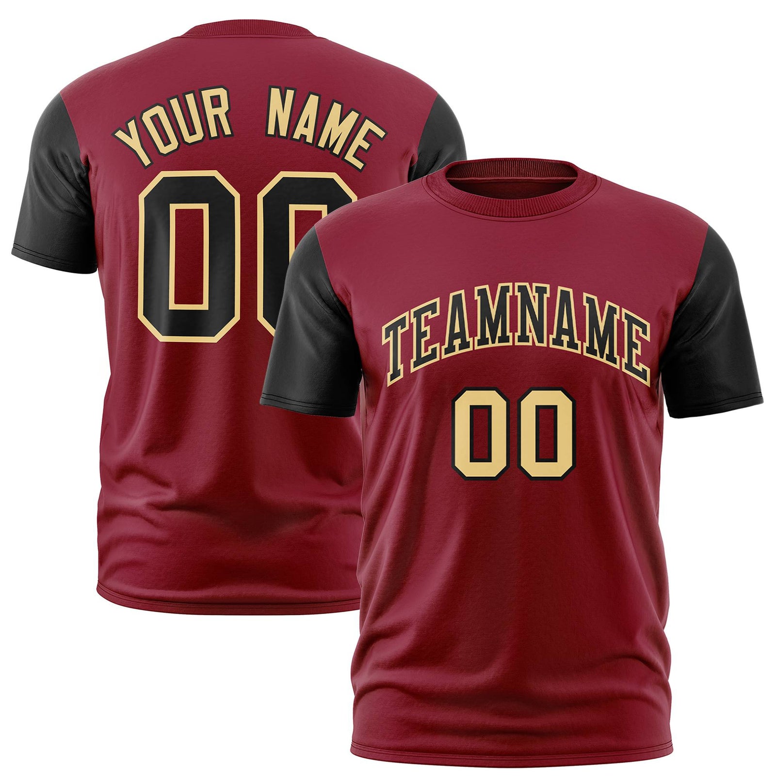 Custom Crimson Black Old Gold White Crew Neck Personalized Raglan Sleeve Performance T-shirt