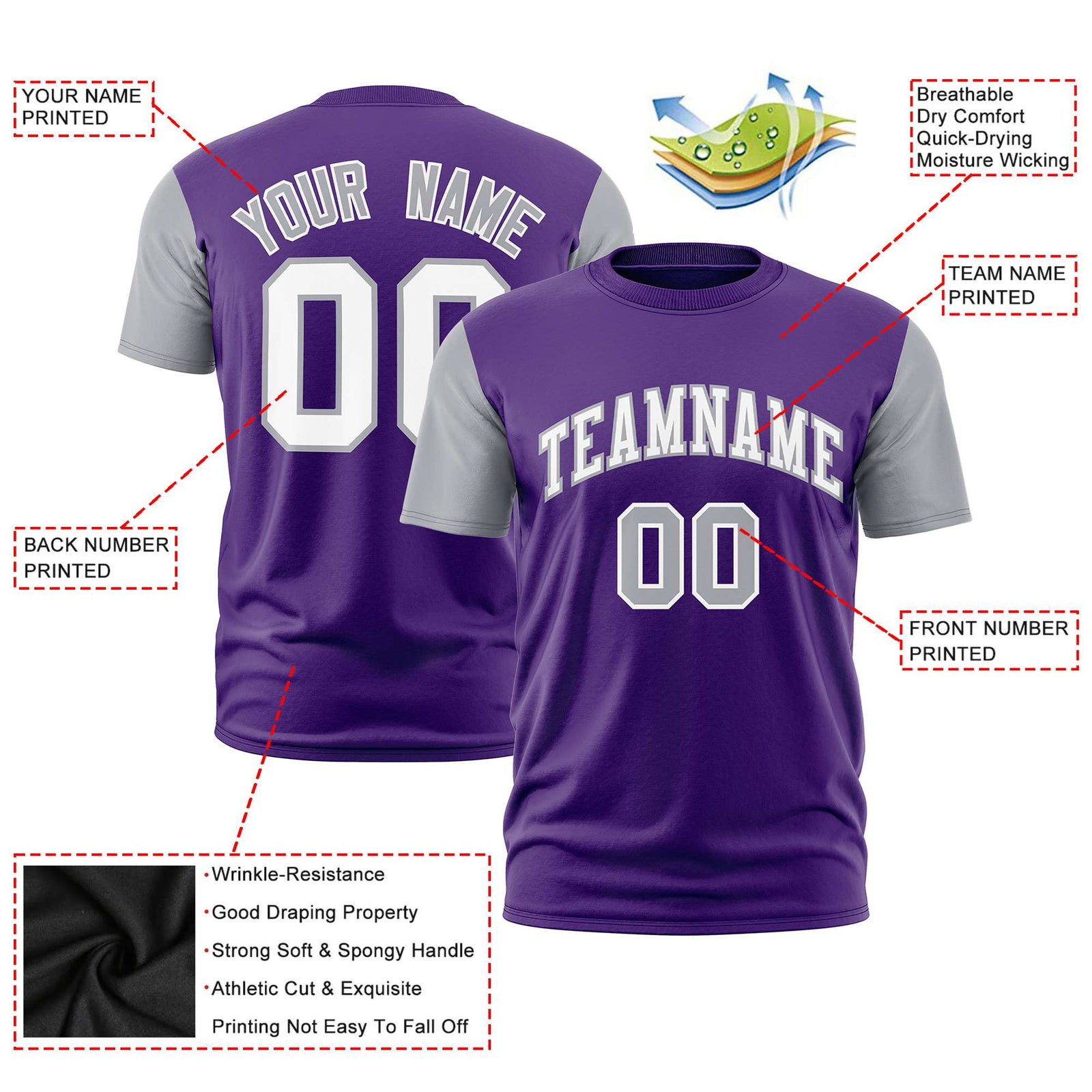Custom Purple Gray White Crew Neck Personalized Raglan Sleeve Performance T-shirt