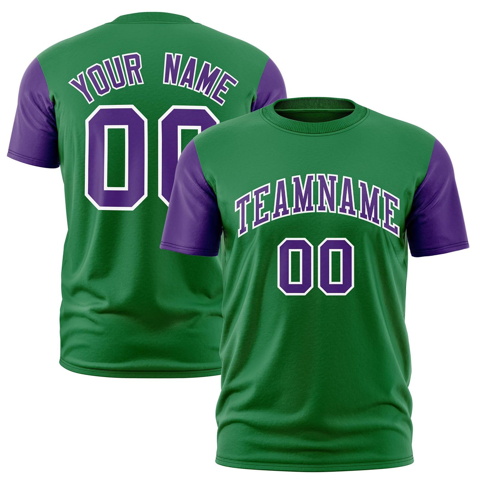 Custom Kelly Green Purple White Crew Neck Personalized Raglan Sleeve Performance T-shirt