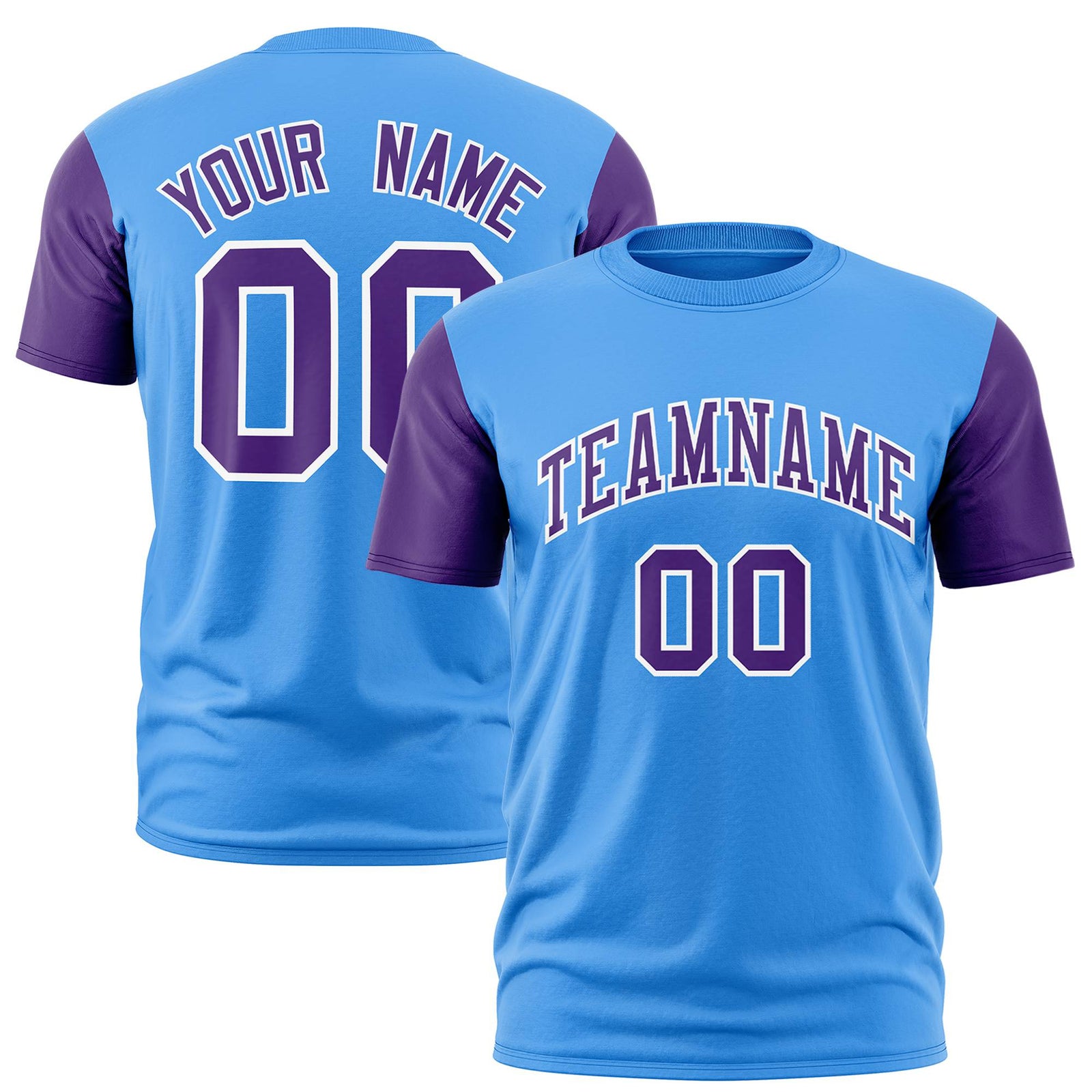 Custom Powder Blue Purple White Crew Neck Personalized Raglan Sleeve Performance T-shirt