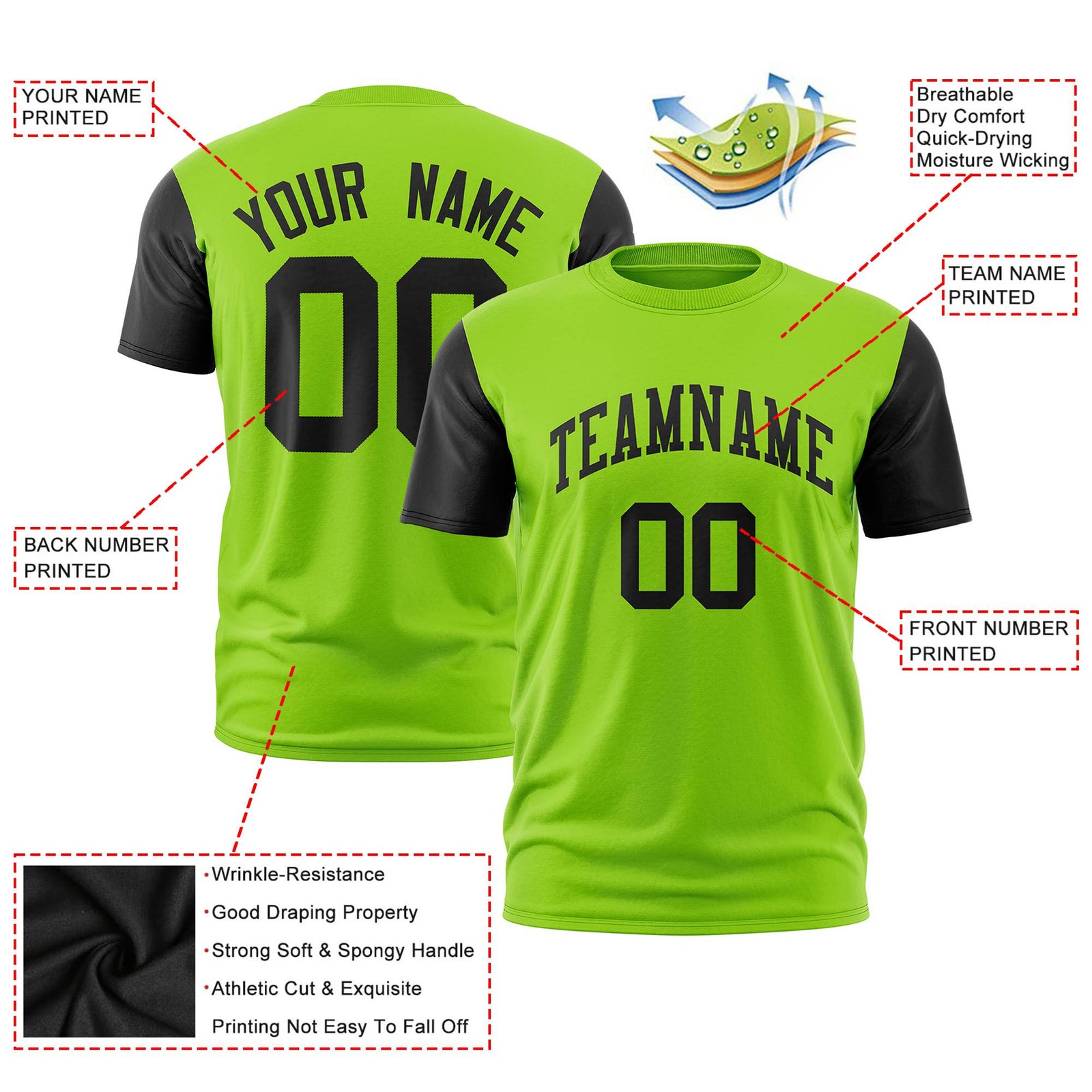 Custom Neon Green Black Crew Neck Personalized Raglan Sleeve Performance T-shirt