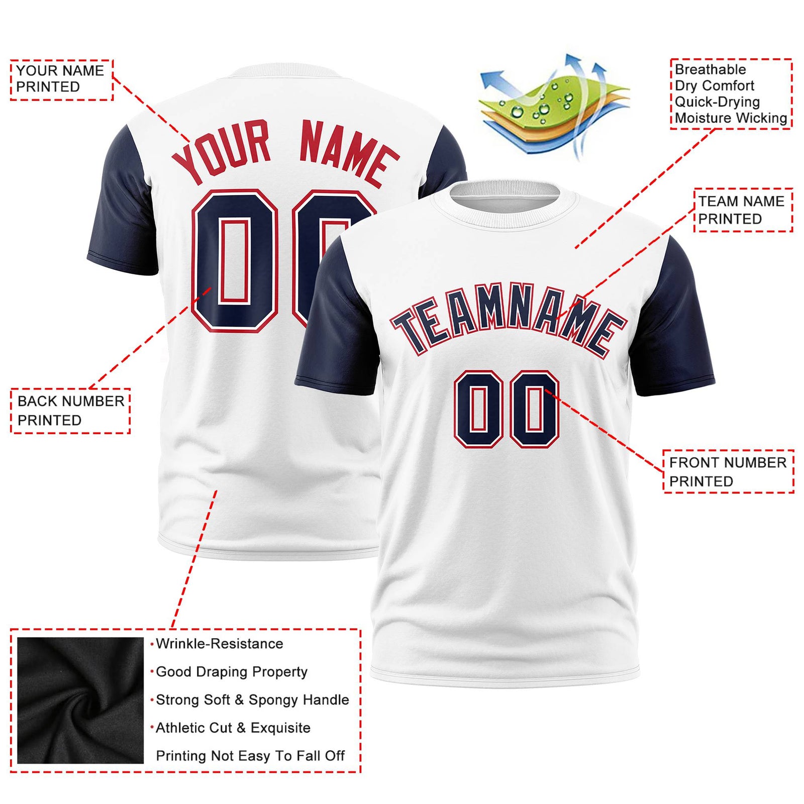 Custom White Navy Red Crew Neck Personalized Raglan Sleeve Performance T-shirt