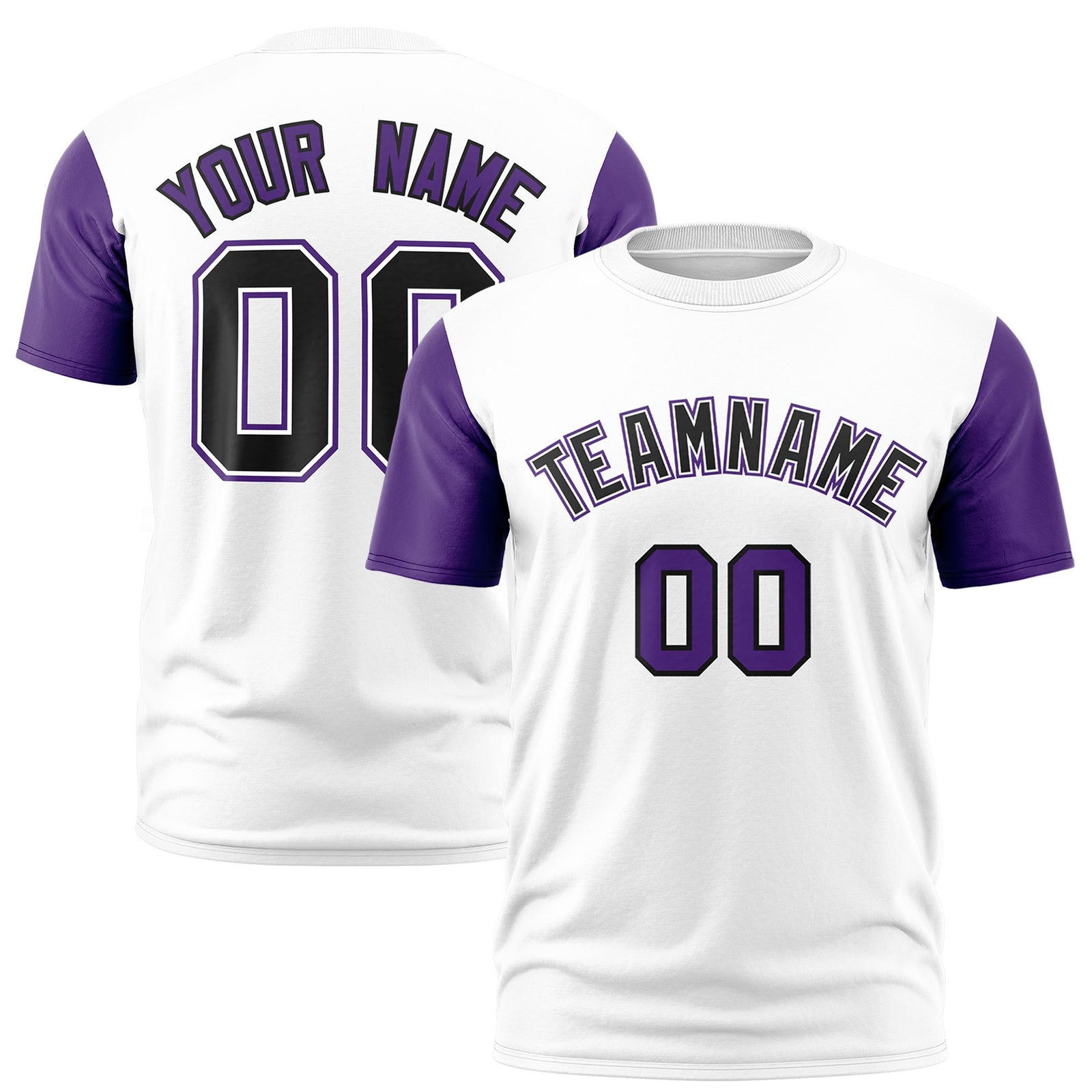 Custom White Purple Black Crew Neck Personalized Raglan Sleeve Performance T-shirt