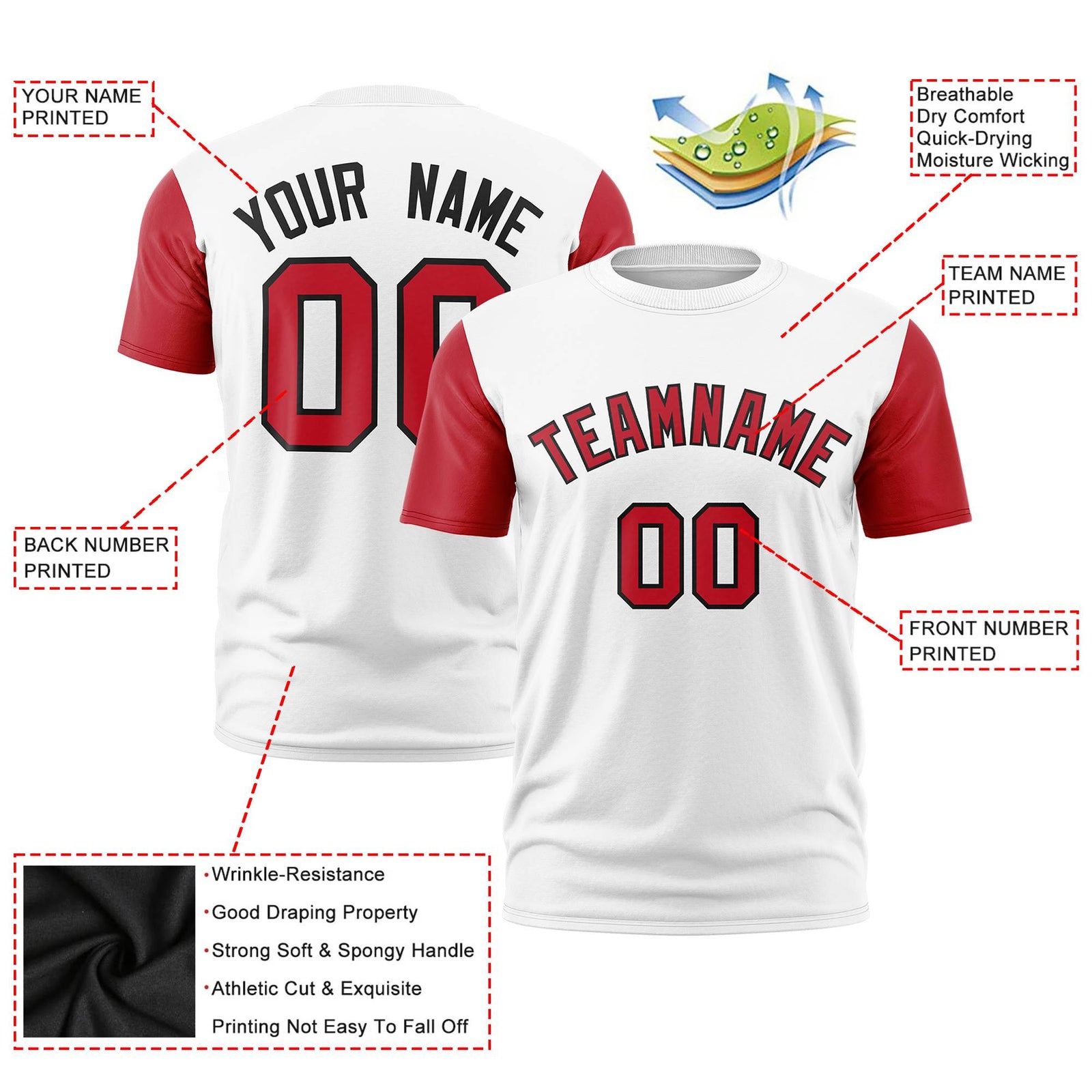 Custom White Red Black Crew Neck Personalized Raglan Sleeve Performance T-shirt