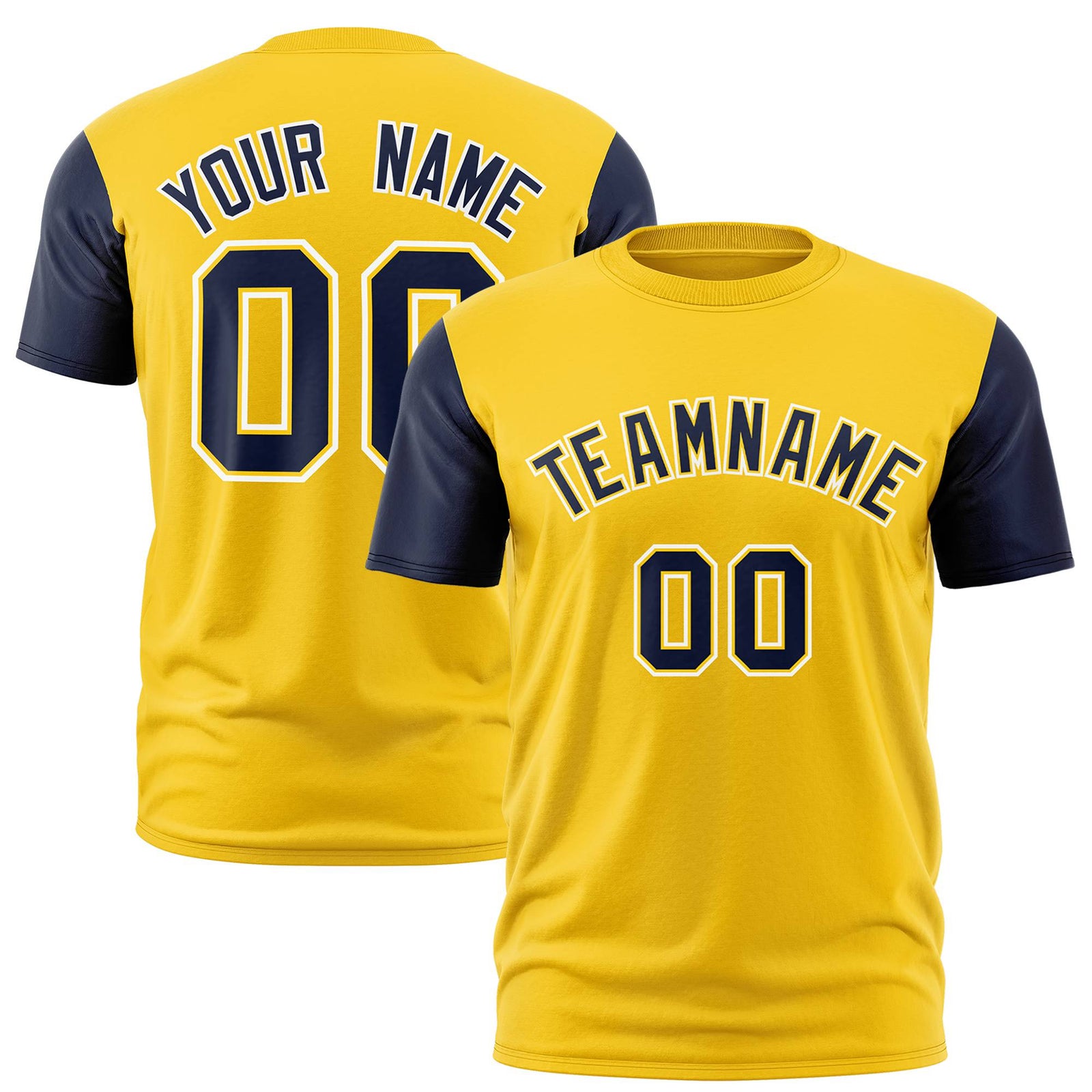 Custom Yellow Navy White Crew Neck Personalized Raglan Sleeve Performance T-shirt