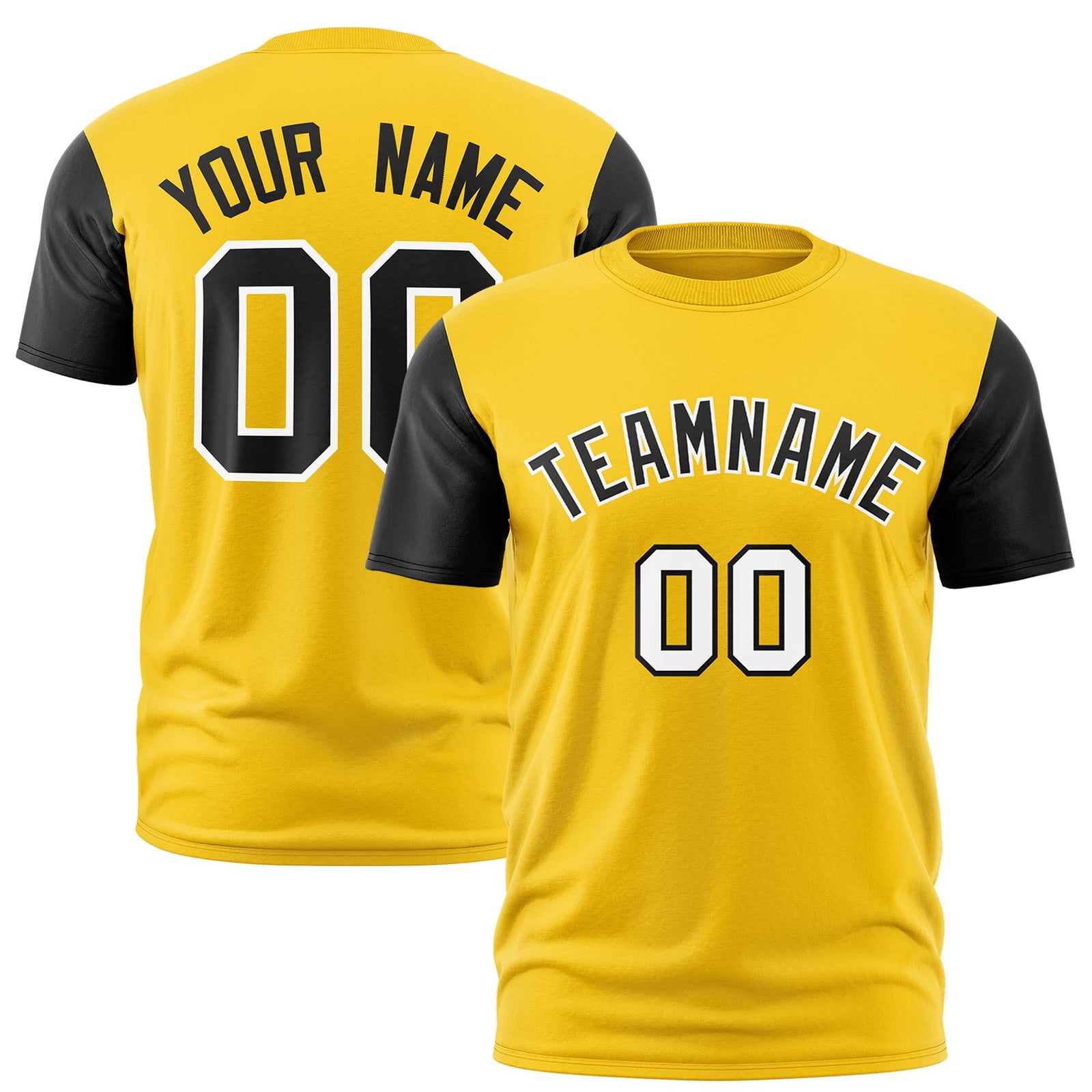 Custom Yellow Black White Crew Neck Personalized Raglan Sleeve Performance T-shirt