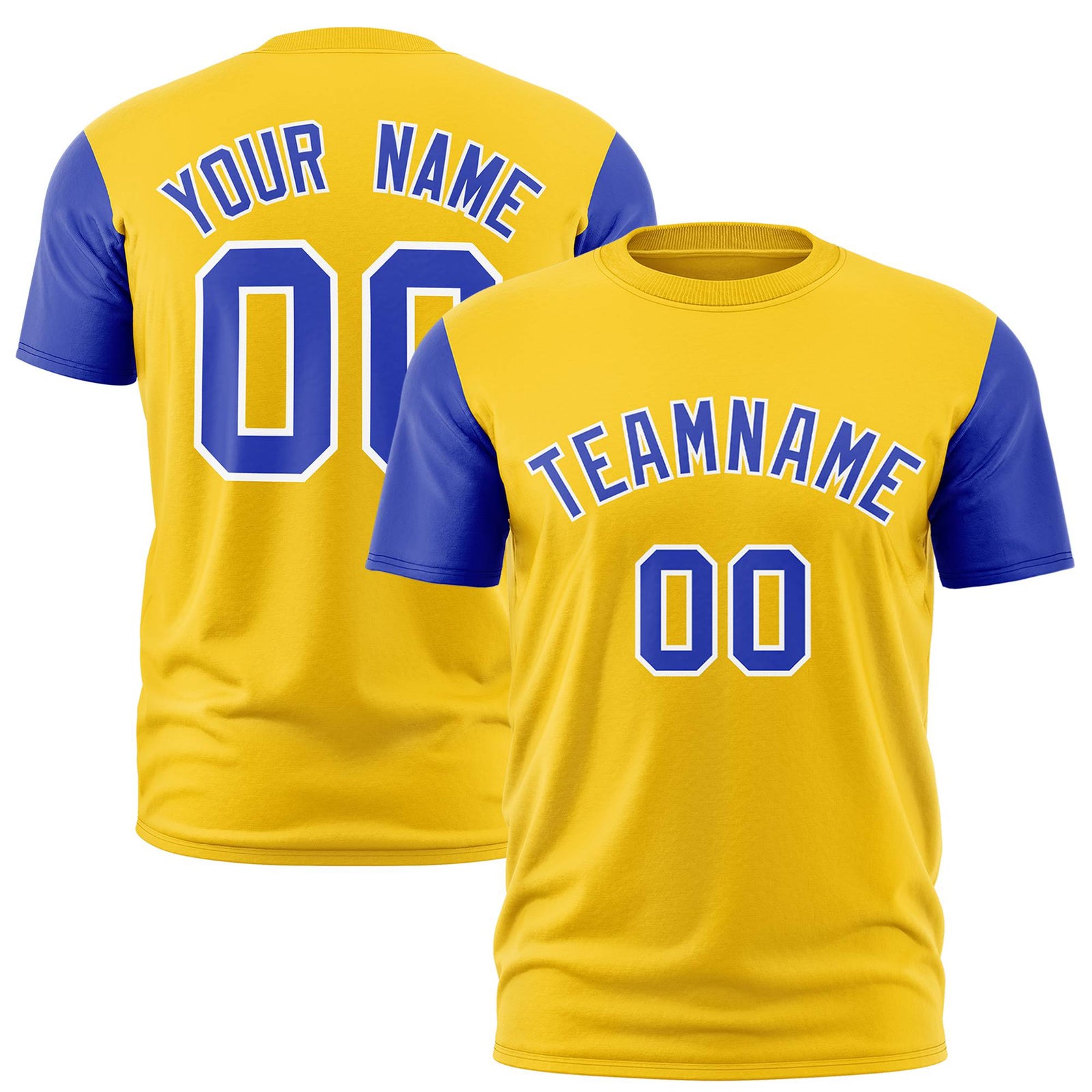 Custom Yellow Royal Blue White Crew Neck Personalized Raglan Sleeve Performance T-shirt