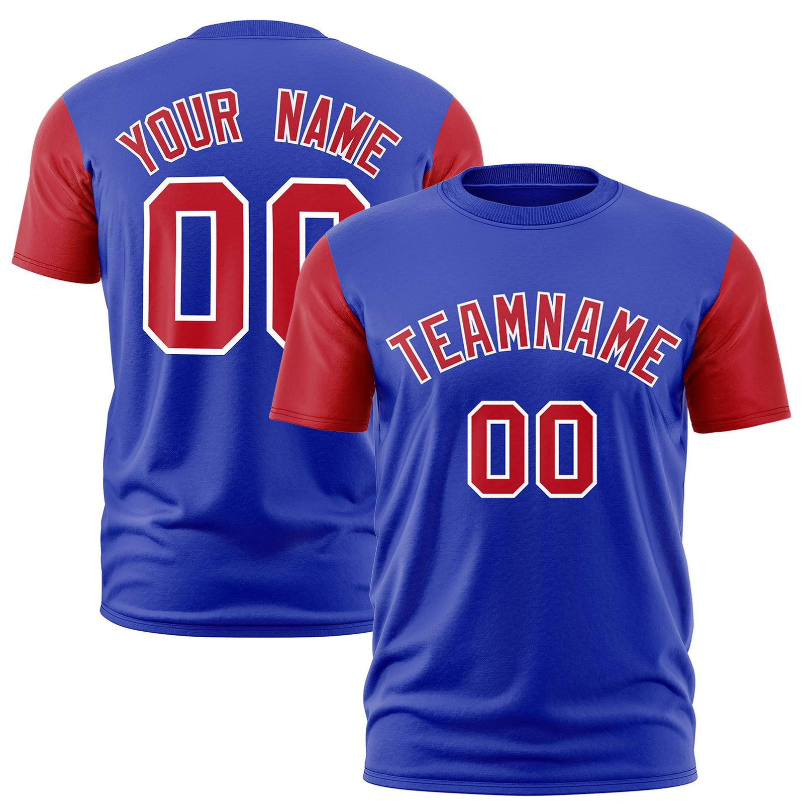 Custom Royal Blue Red White Crew Neck Personalized Raglan Sleeve Performance T-shirt